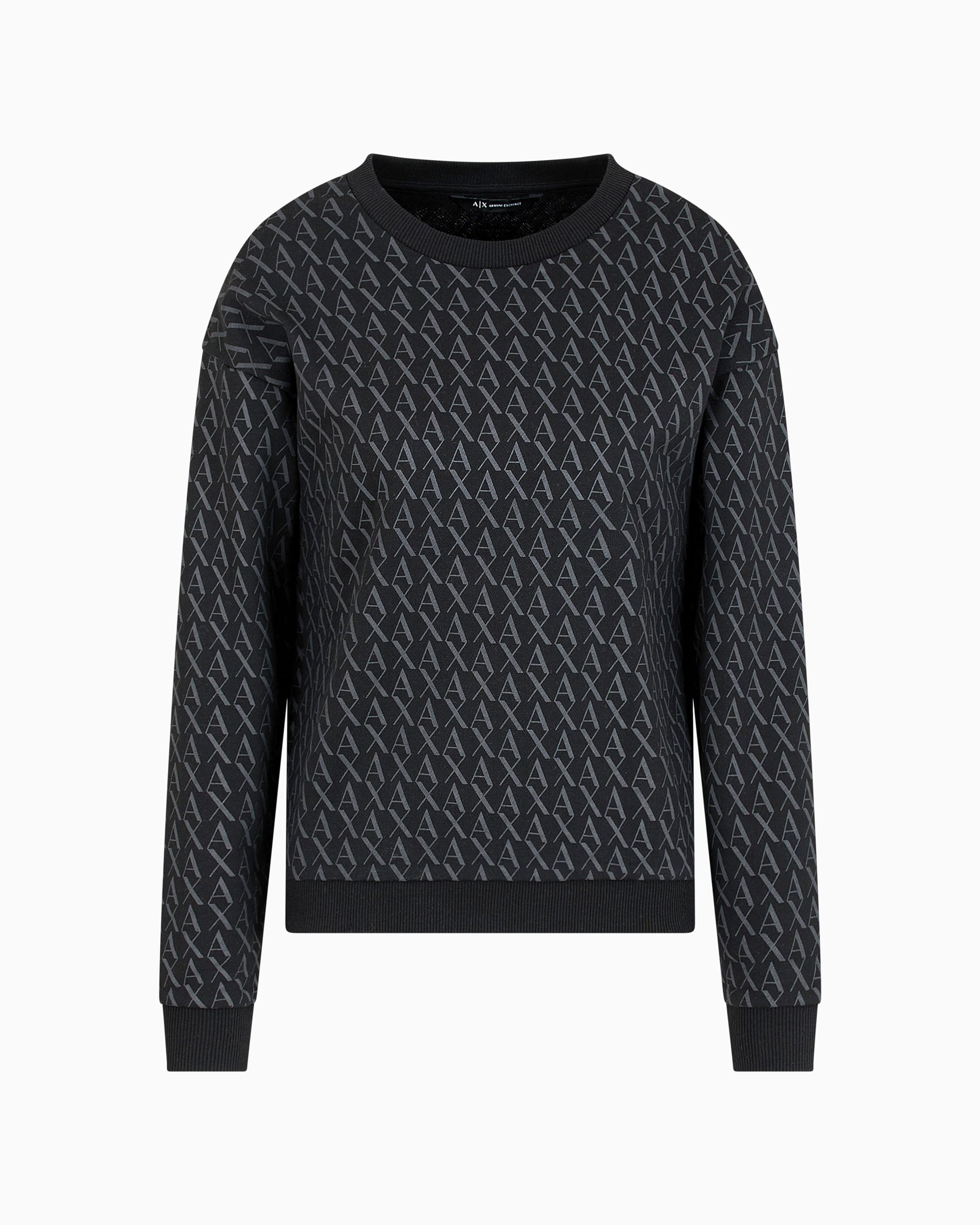 Armani Exchange Women's Cotton French Terry Sweatshirt with All Over Ax Logo, Black, Small