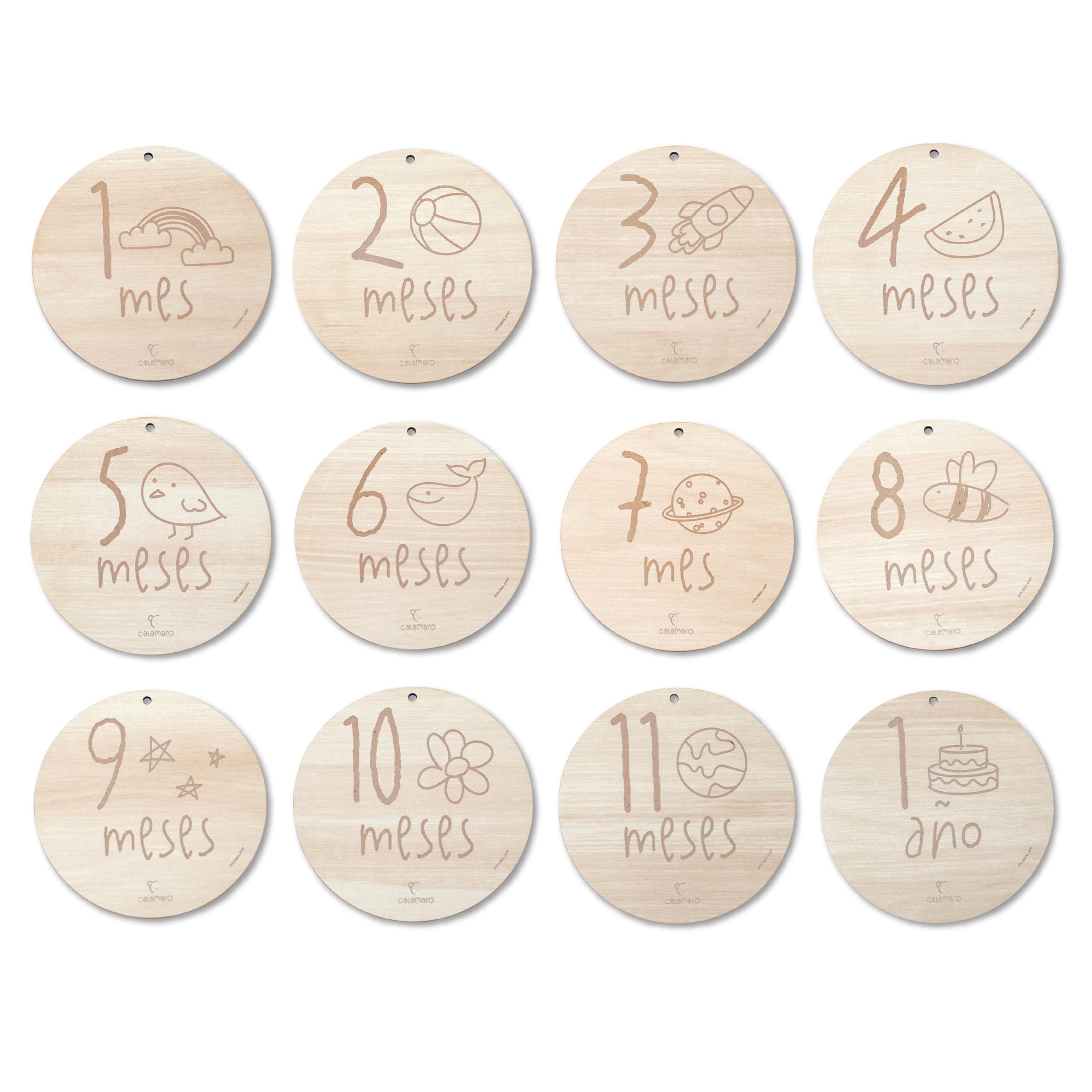 Calamaro - Cumplemes Bebé Madera – Set 12 Placas 1-11 Meses + 1 Año – Cumplemes Bebé Español – Regalo Recién Nacido – Hecho en España – Bolsa Lino Premium (English)