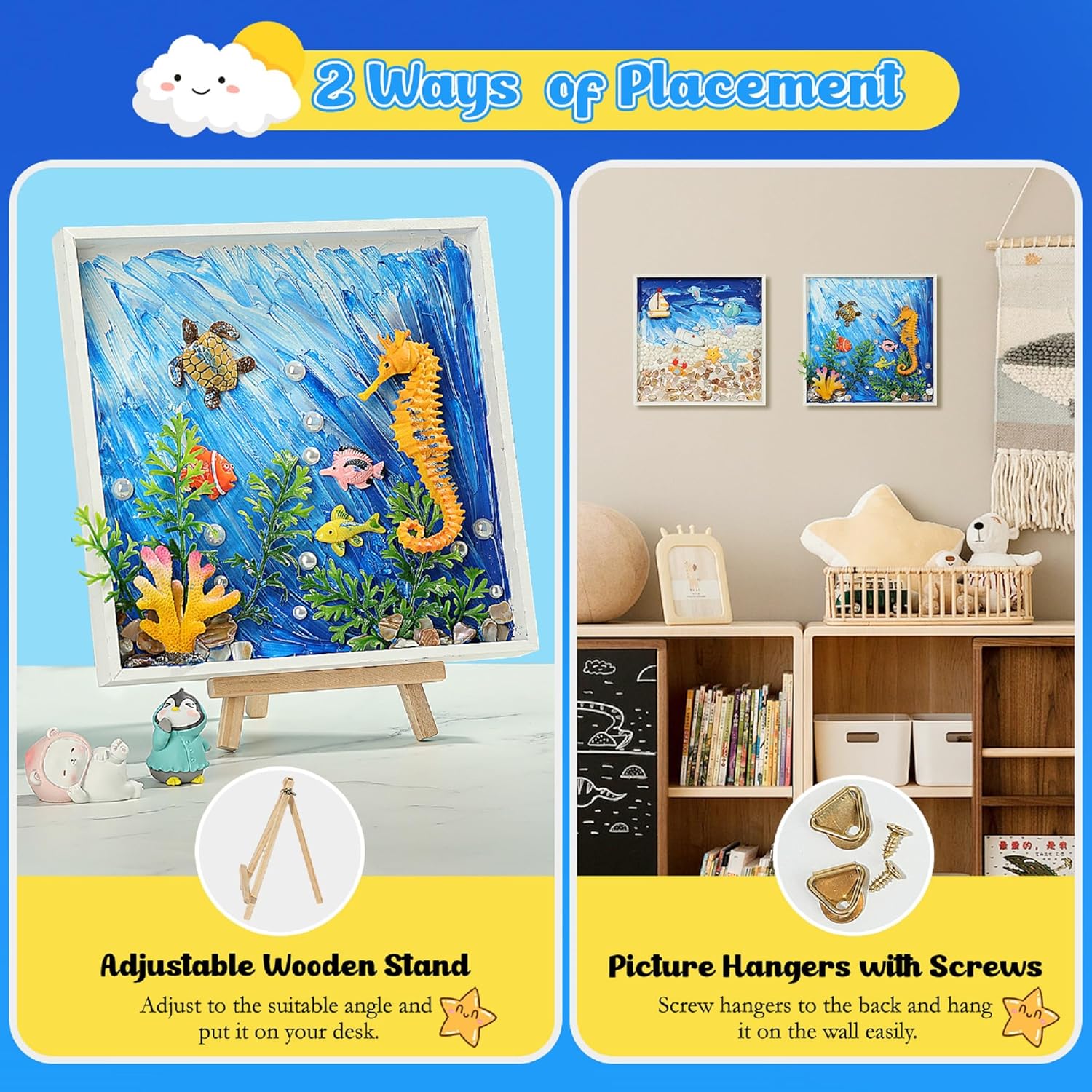 DIY Ocean Painting Kit, DIY Mosaic Arts and Craft Kits with Sea Animal Plant Accessories, Handmade Sticker Painting Kit for Kids Christmas Room Decor, Blue & White