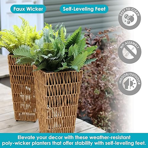 Miniatura 2 de Sunnydaze Macetero cuadrado alto de 11 pulgadas para interiores y exteriores, juego de 2 macetas de mimbre de polietileno con incrustaciones de