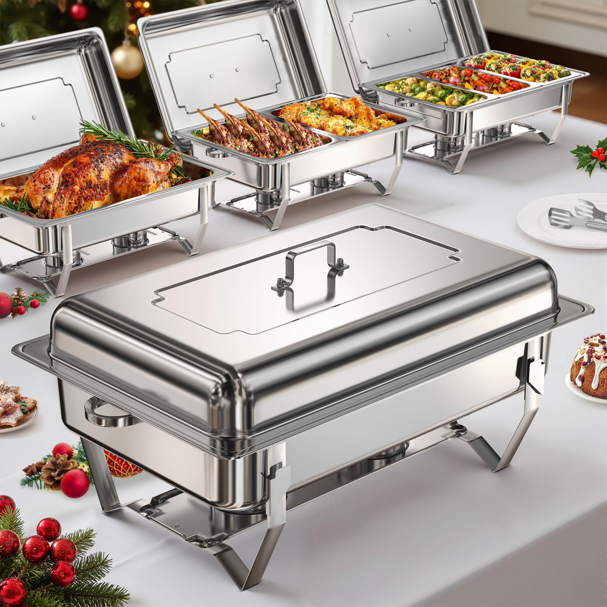WARMOUNTS Chafing Dish Buffet Set 9L, Edelstahl Speisenwärmer für Catering, Hochglanzpoliert, Klappbarer Rahmen, Halterung, Großes Warmhaltebehälter für Party (4er Set 2x1+2x1/2+3x1/3 Einsätze)