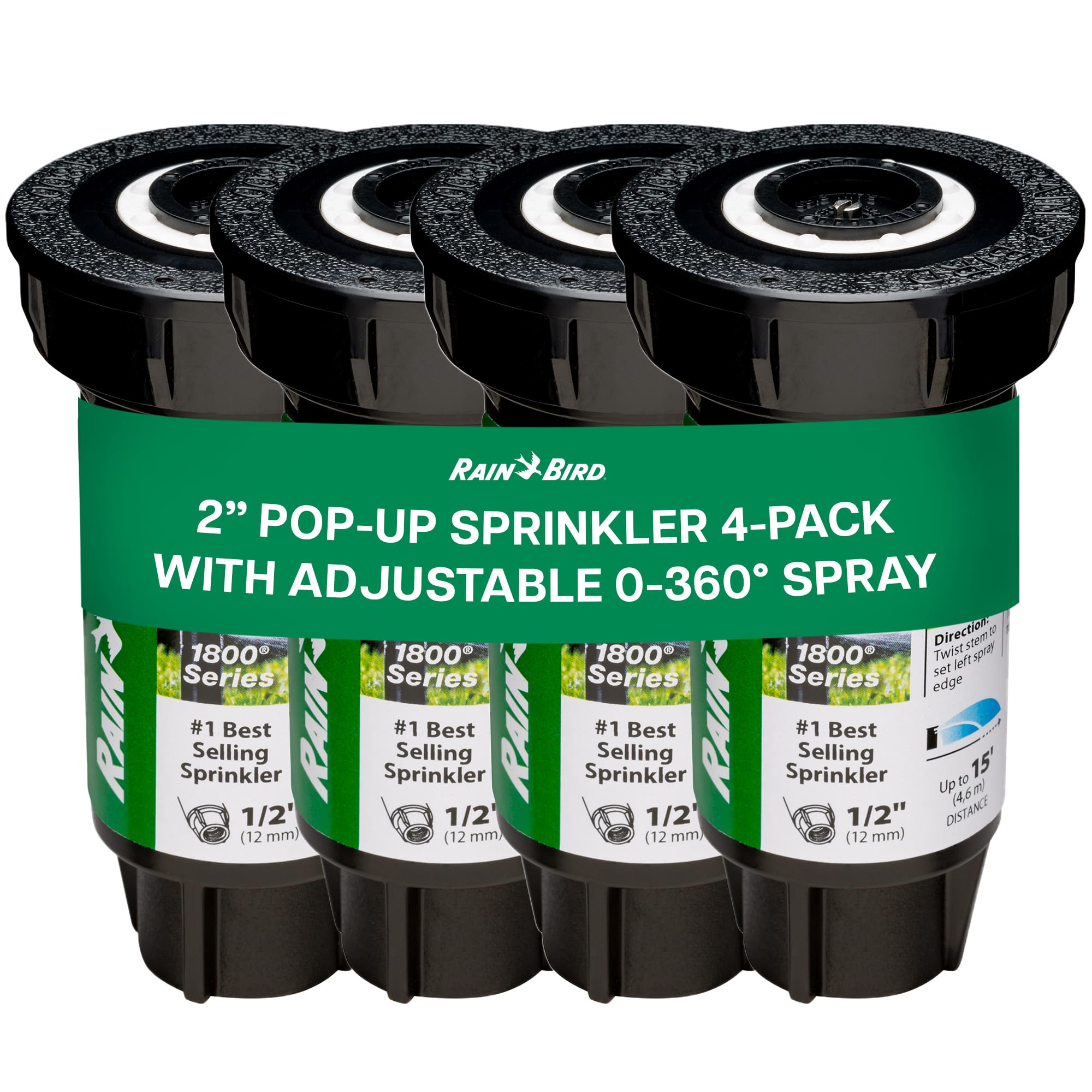 Rain Bird 1802QDSPRS 1800 Series 1800 - Cabezal de aspersor desplegable de 2 pulgadas, paquete de 4, aspersor de césped eficiente en agua con patrón de cuarto de 90 grados, NPT de 1/2 pulgada