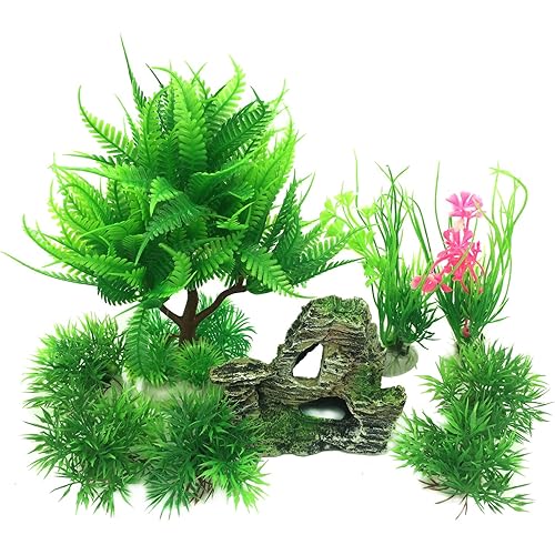 Fish Tank Decorations Plants with Rockery View, 9pcs Green Aquarium Plants Plastic and Aquarium Decorations Mountain Reef Rock Cave Resin Fish Tank Ornament Decoration