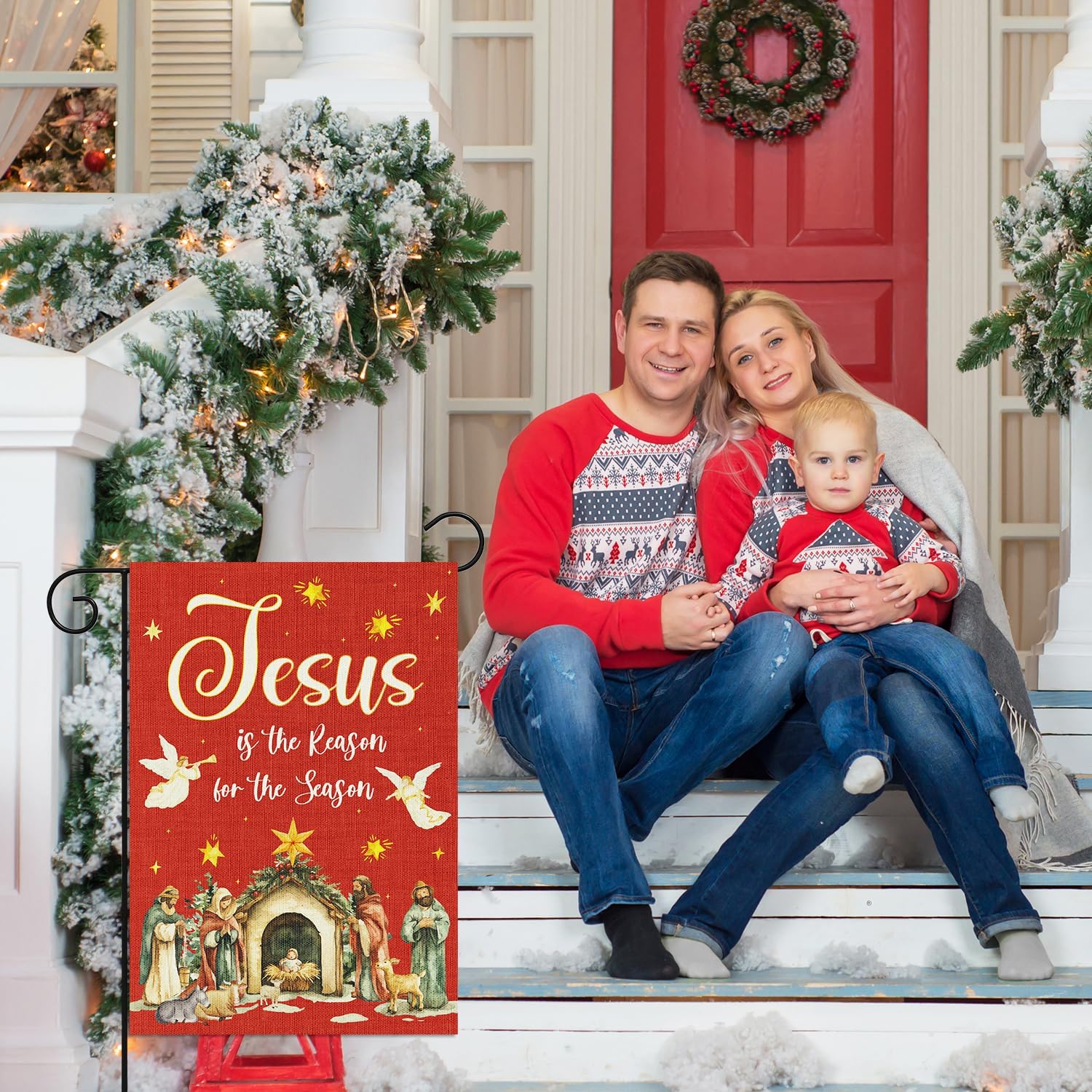 Jesus Is The Reason For The Season Red Garden Flag - Christmas Nativity Linen Flag Religion Vertical Double Sided Burlap Banner Outdoor Decor Winter Farmhouse Lawn Yard Porch 18.1 x 12.6" - Image 5