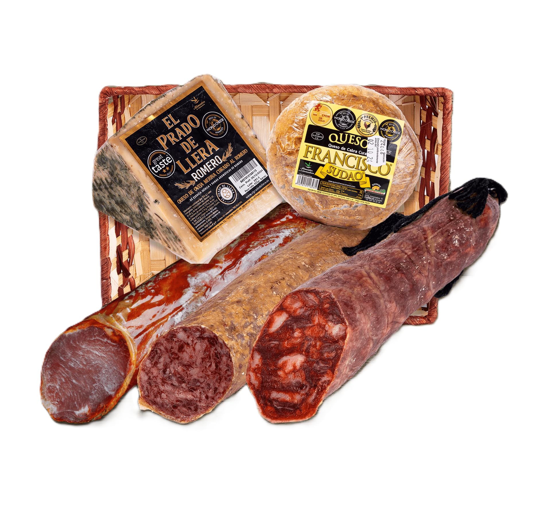 Cesta Gourmet Mérida Regalo Empresas – Chorizo, Salchichón y Lomo Ibérico de Bellota • Queso de Cabra Francisco Sudao • Queso Oveja Curado El Prado de Llera • Presentación Premium – CORAZON EXTREMEÑO
