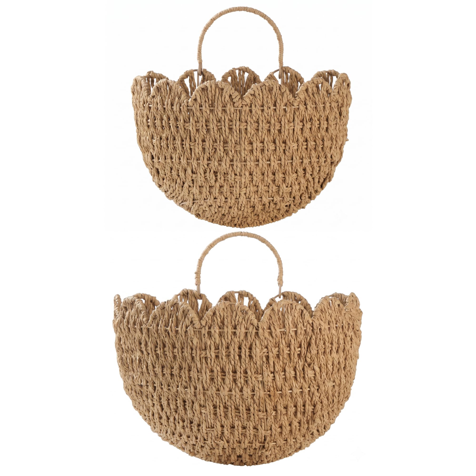 Coeusy Set of 2 Hanging Basket, Paper Rope Wall Basket with Handles, Wicker Scalloped Basket for Nursery,Laundry,Bedroom