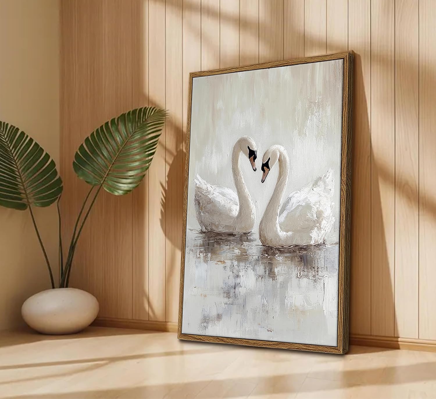 Vintage Twin Swans Canvas Wall Art Elegant A Pair White Swan On The Lake Oil Painting Picture Wall Decor Classical Modern Poster Print Artwork for Living Room Bedroom Bathroom Home Decoration FRAMED