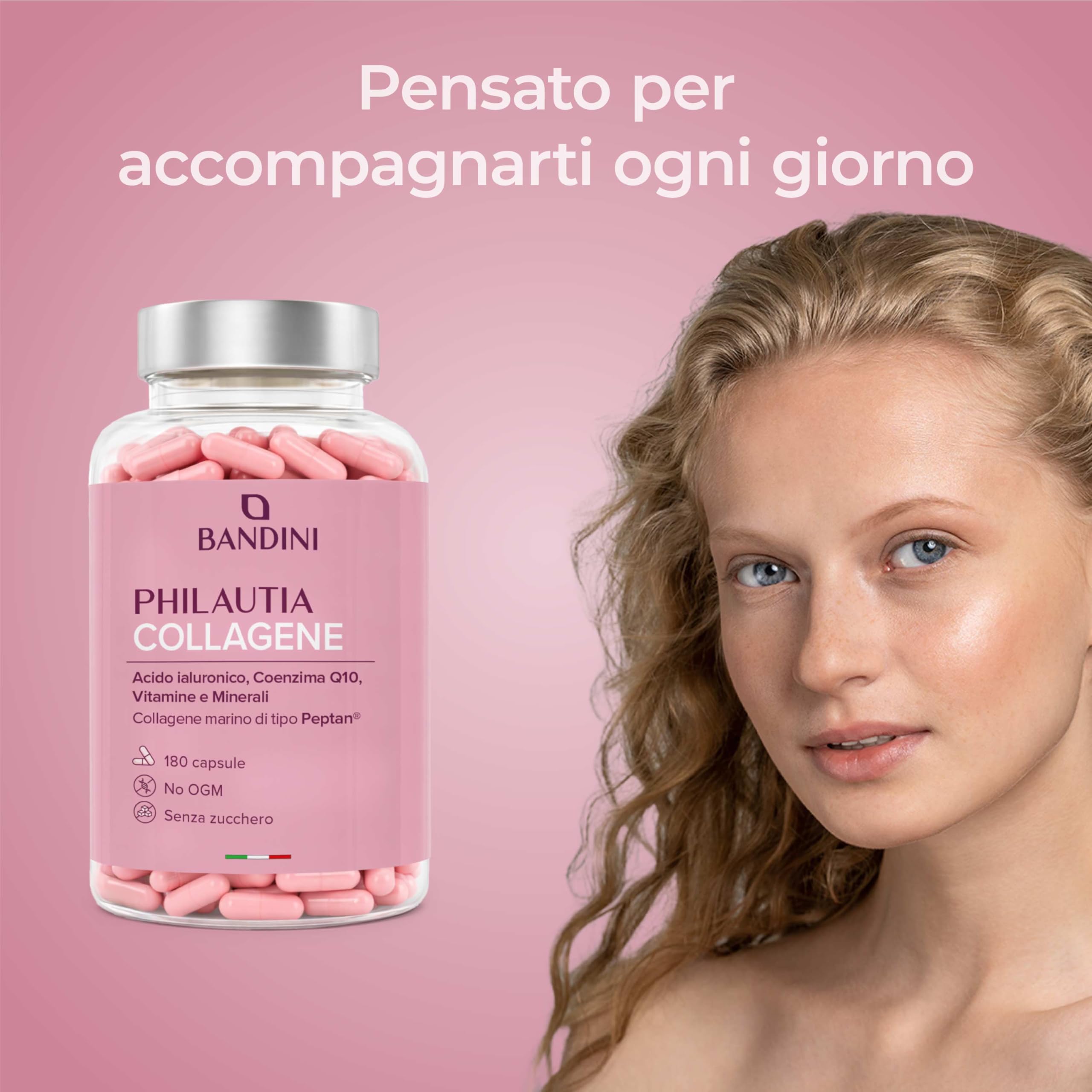 Bandini® Collagene Peptan® e Acido Ialuronico 180 Capsule, Collagene Marino Idrolizzato Tipo 1 con Coenzima Q10, Vitamina C, Biotina, Zinco e Selenio, Integratore Donne per Articolazioni, Pelle e Ossa