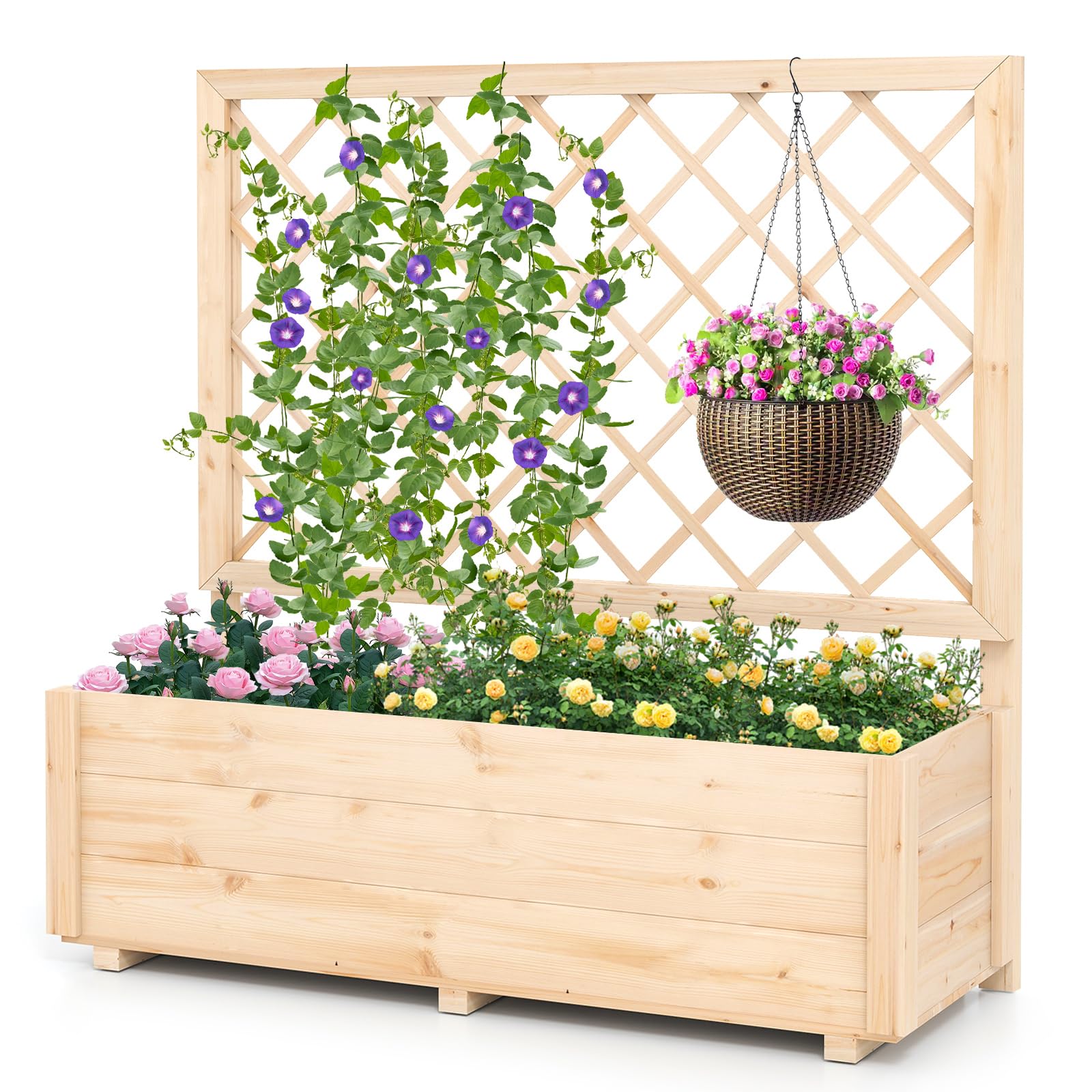 GOPLUS Jardinera Elevada de Madera, con Enrejado y Drenaje, Cama de Jardín para Enredaderas Flores, Hierbas, Verduras y Frutas, Maceta para Interior Exterior Patio Terraza (98x38x101cm)