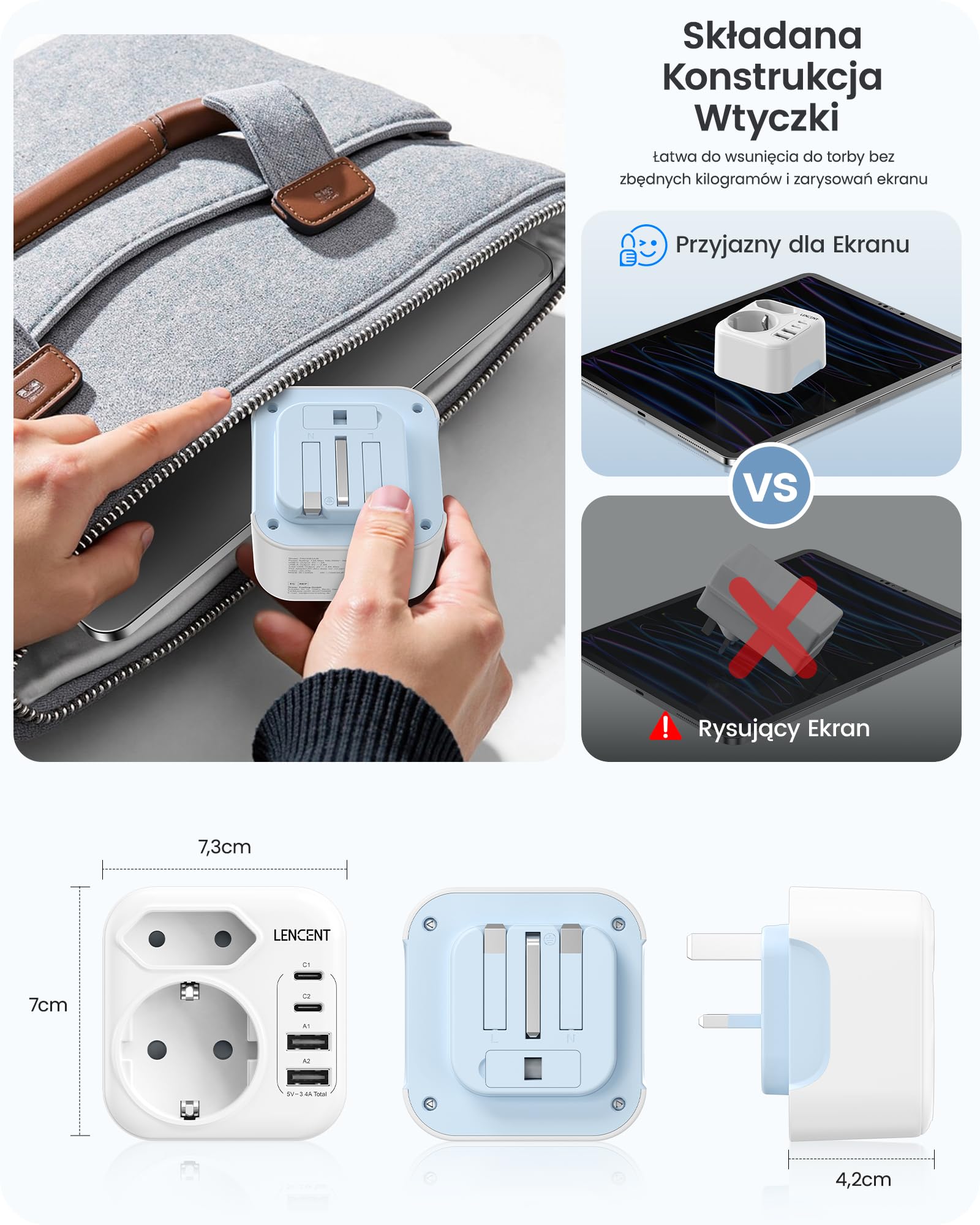 LENCENT Adapter Podróżny UK Niemcy, Adapter Typu G, Składana | Wtyczka Podróżna z 2 Portami USB-C&2 USB-A, EU Schuko na UK dla Anglii, Wielkiej Brytanii, Szkocji, Irlandii, Malediwów