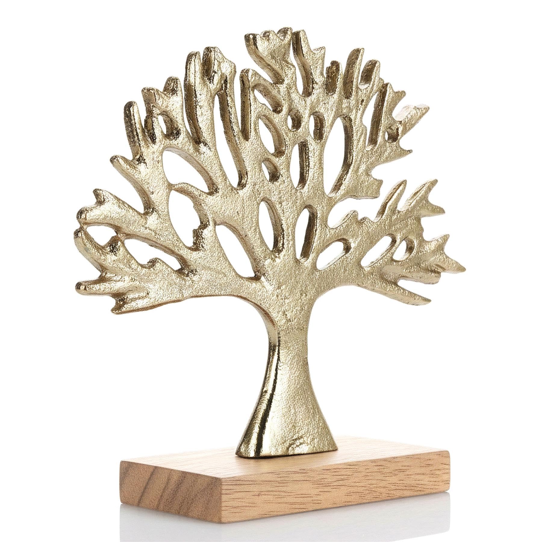 GEEZY Gold Metal Tree Ornament - Abstract Sculpture on Wooden Base - Christmas Nature Statue, Modern Decorative Home Accessories for Living Room Shelf, Bedroom, Mantel & Windowsill