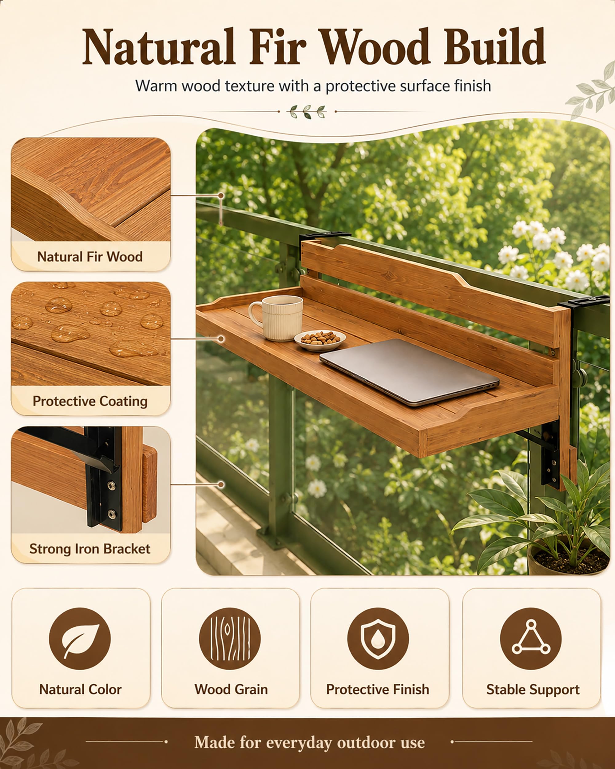 Amazon.com: QjxSXLFSX ,Natural,35.4×9.8in,Balcony Railing Table
