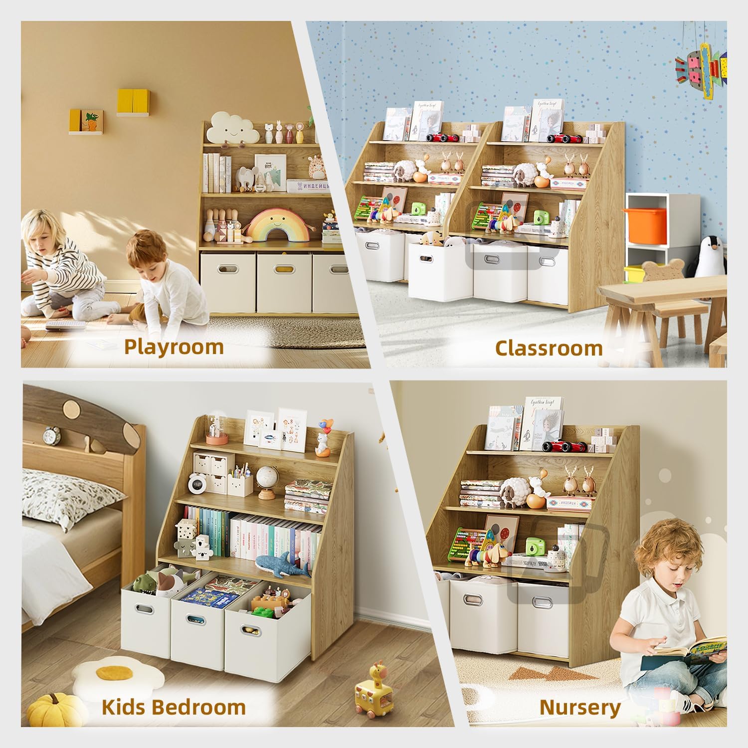 Kids Bookshelf and Toy Organizer, 3 Tier Toy Organizer Organizer with 3 Removable Drawers, Montessori Toy Rack, Kindergarten Bookshelf, Kids Room, Living Room, Nursery