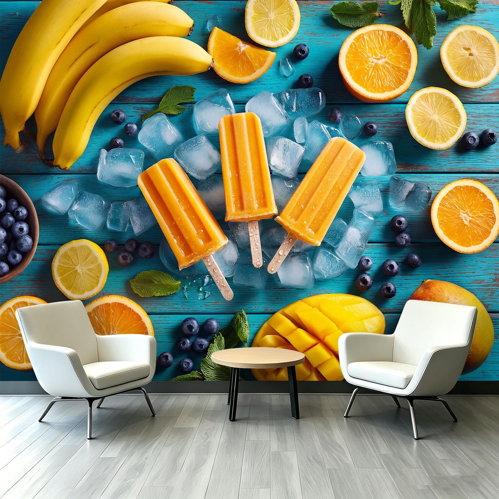 Carta da parati fotografica arancione ghiacciolo tavolo in legno, 400 x 280 cm (larghezza x altezza), carta da parati fotografica estiva, decorazione da parete per soggiorno, camera da letto e cucina