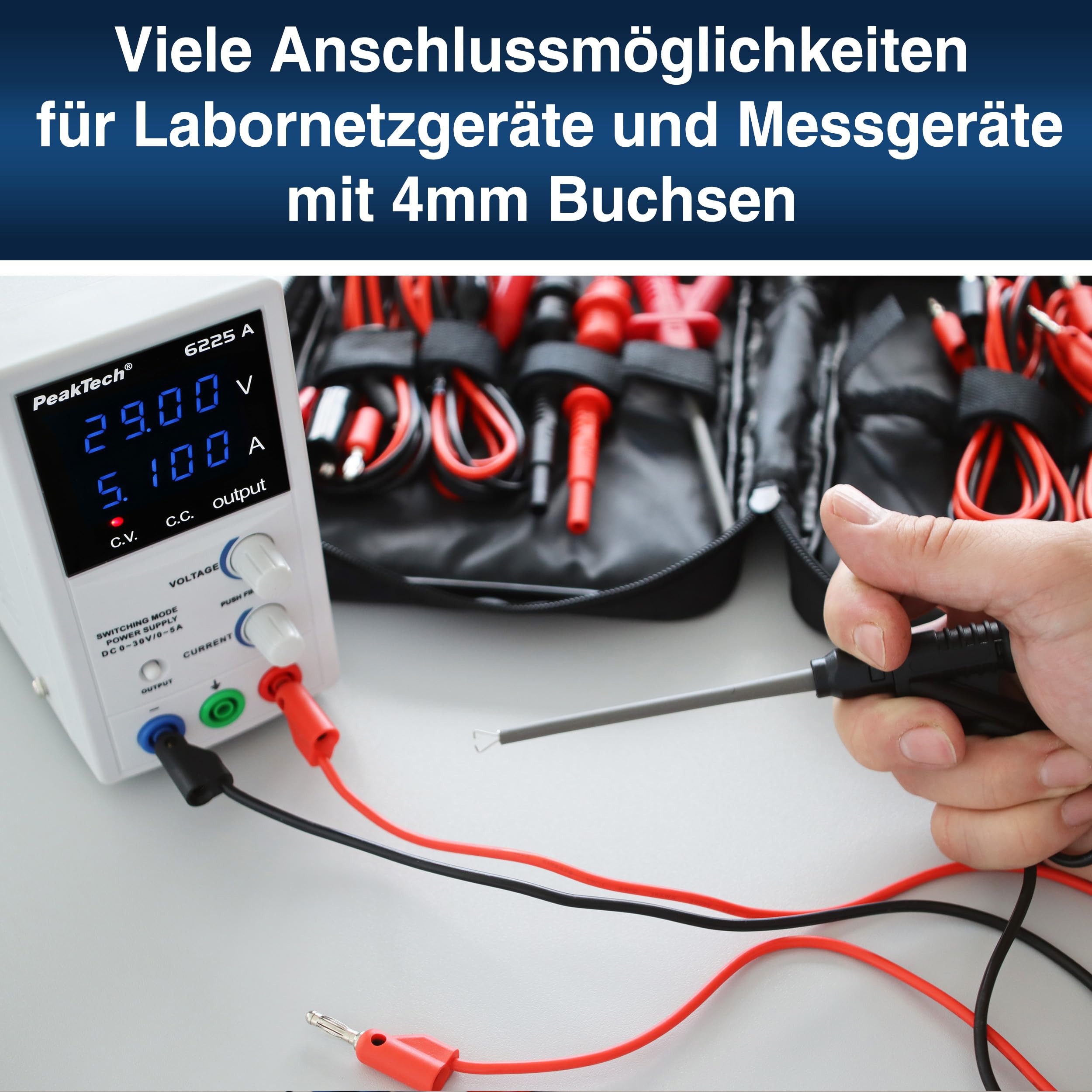 PeakTech P 8201, Set di cavi di misura da 19 pezzi per alimentatore da laboratorio e multimetro, Con sonde di prova, cavo con spina a banana, morsetti a coccodrillo