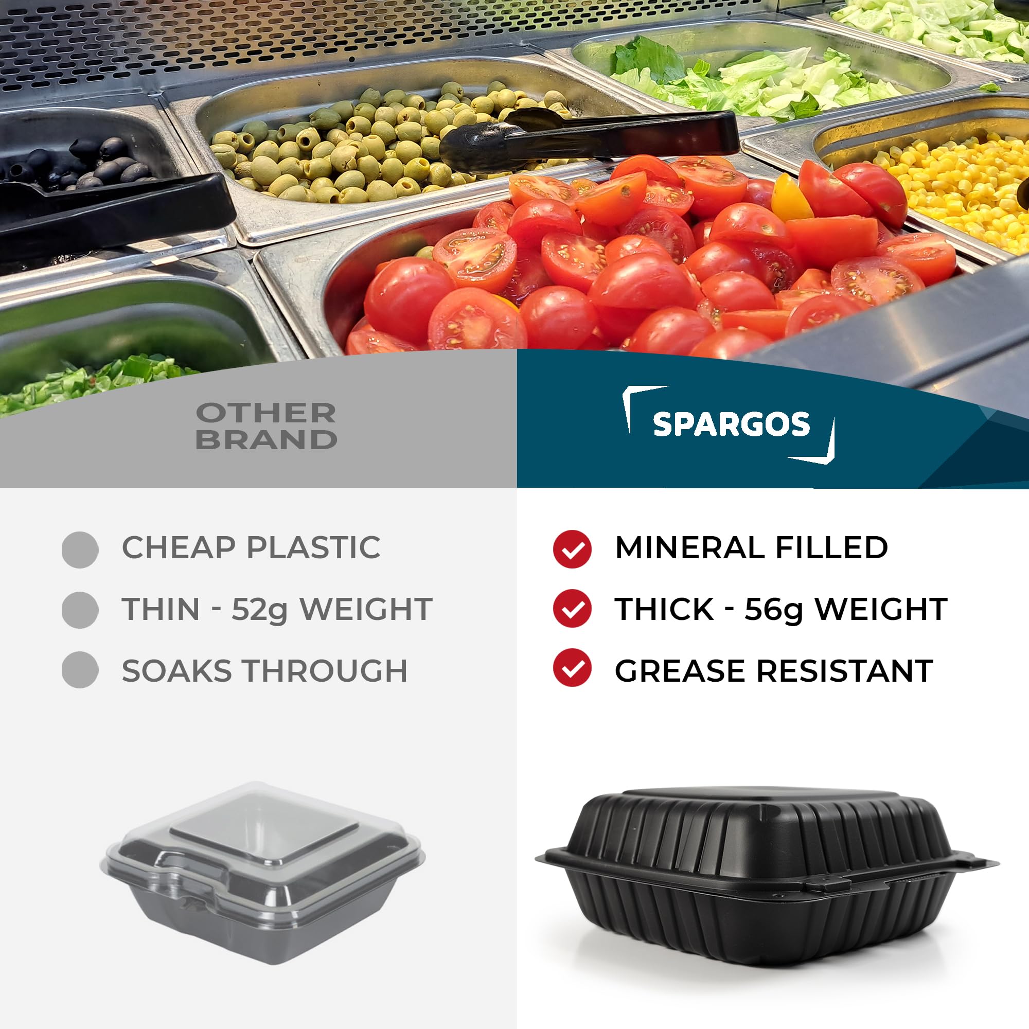 SPARGOS Cajas para llevar comida 60 unidades 20x20 cm - Clamshell biodegradables de poliestireno - Cajas para hamburguesas reutilizables - Contenedores desechables negros con 1 compartimento y tapas