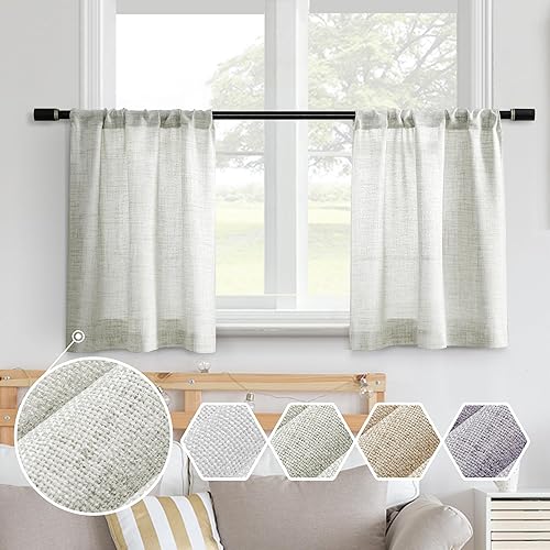 Miniatura 32 de Cortinas de lino semitransparentes con textura de cocina, 36 pulgadas de largo, cortinas pequeñas con bolsillo para barra, cortinas para cafetería