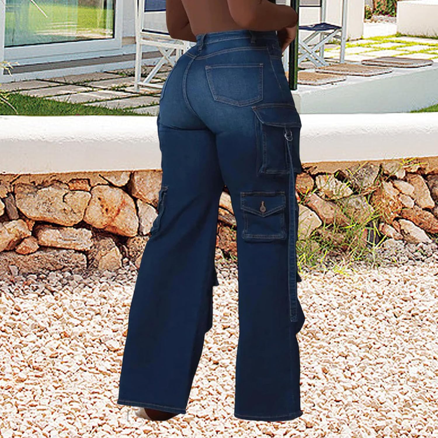 Women's Wide Leg Jeans High Waisted Cargo Pocket Baggy Stretchy Casual Denim Pants - Image 3