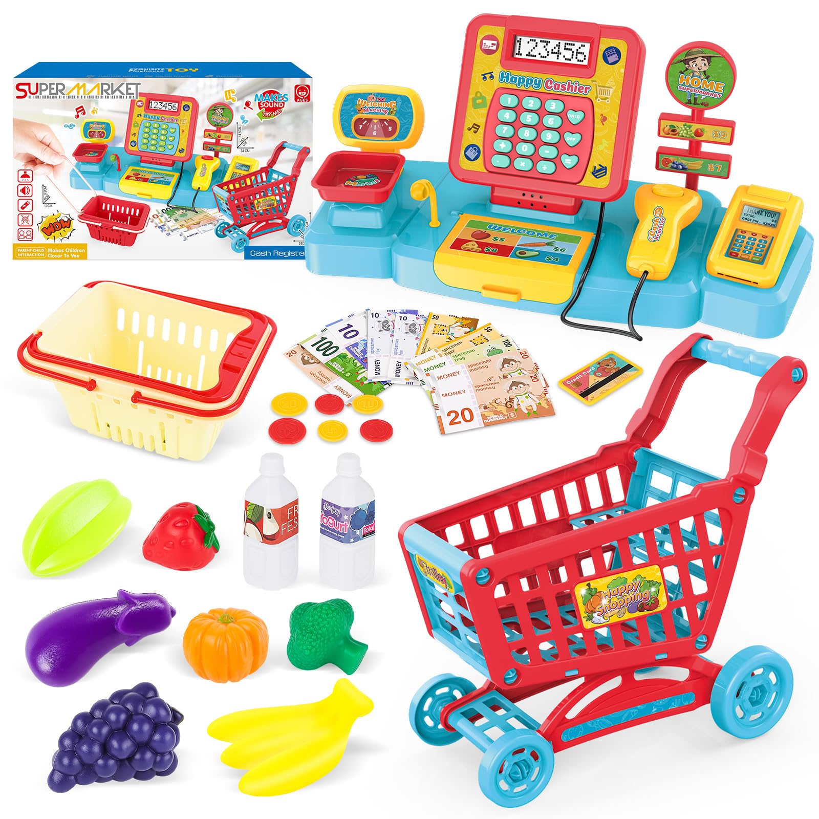 deAO Caja Registradora Electrónica De Juguete con Micrófono,Mini Carrito De La Compra Y Lector De Tarjetas Conjunto De Accesorios De Tienda Y Supermercado Infantil Incluye Alimentos De Juguete（Azul）