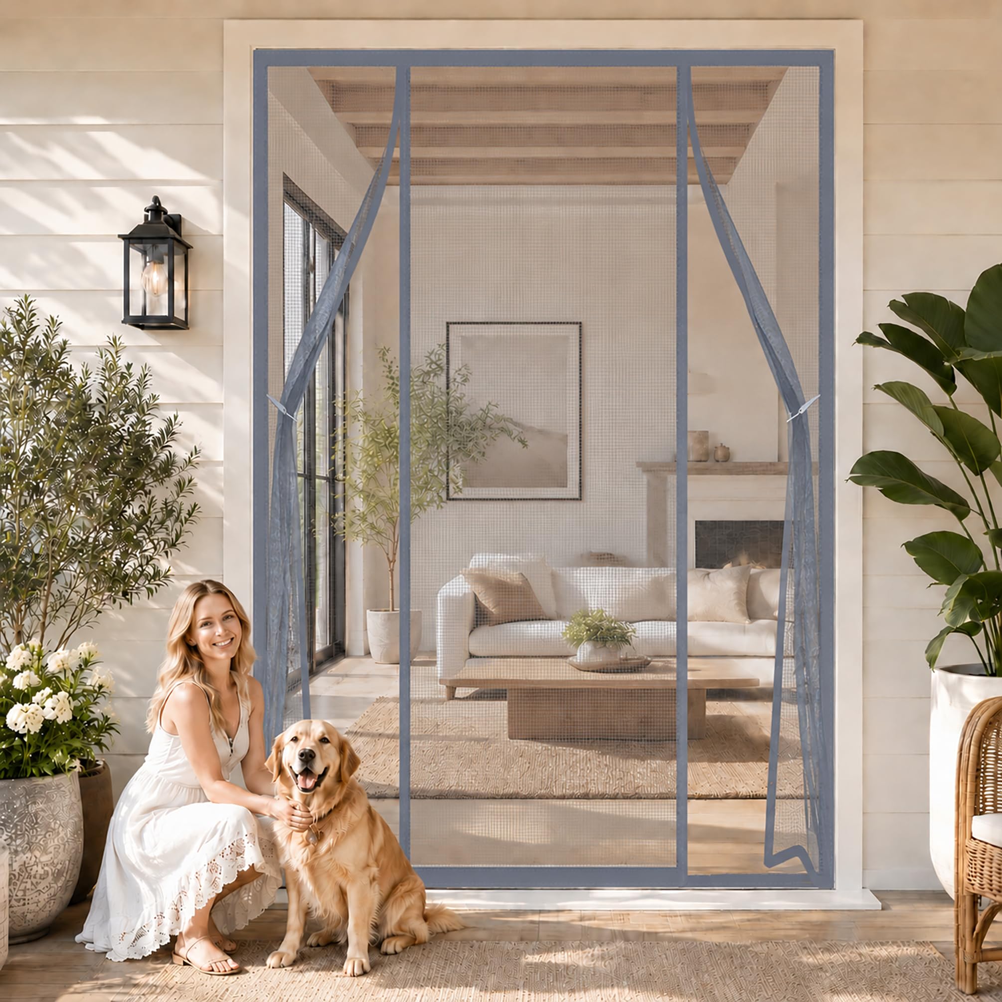 Large Magnetic Screen Door Side Opening Grey 260x220cm Double Door Left Right Powerful Magnets Hands Free for Modern Homes with Big Glass Doors and Open-Plan layouts