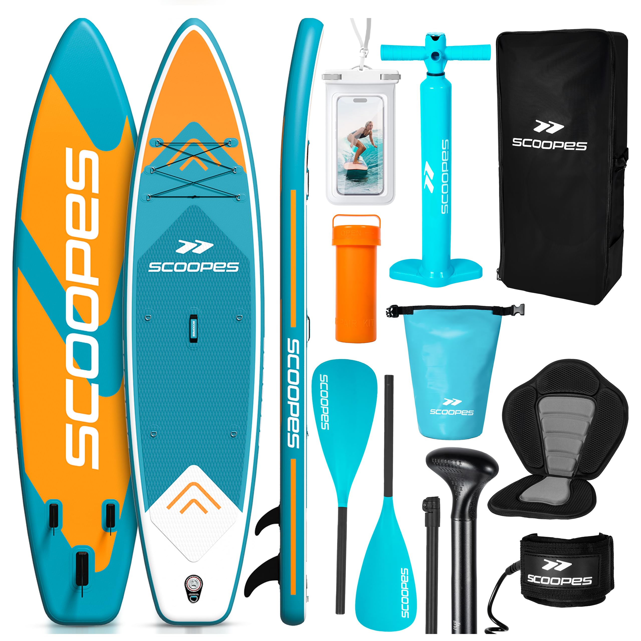 SCOOPES Deska Sup z Akcesoriami, Wiosło, Fotel, Pompka, Torba transportowa, Etui wodoodporne na telefon. Nadmuchiwana Deska o Doskonałej Stabilności I 305 x 81 x 15 cm