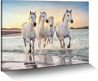 Beach Horse Canvas Wall Art: White Elegant Equines Photo Prints Graceful Seaside Animals Office Painting Ocean Steeds Running Picture Coastal Wildlife Galloping Artwork for Bedroom Bathroom