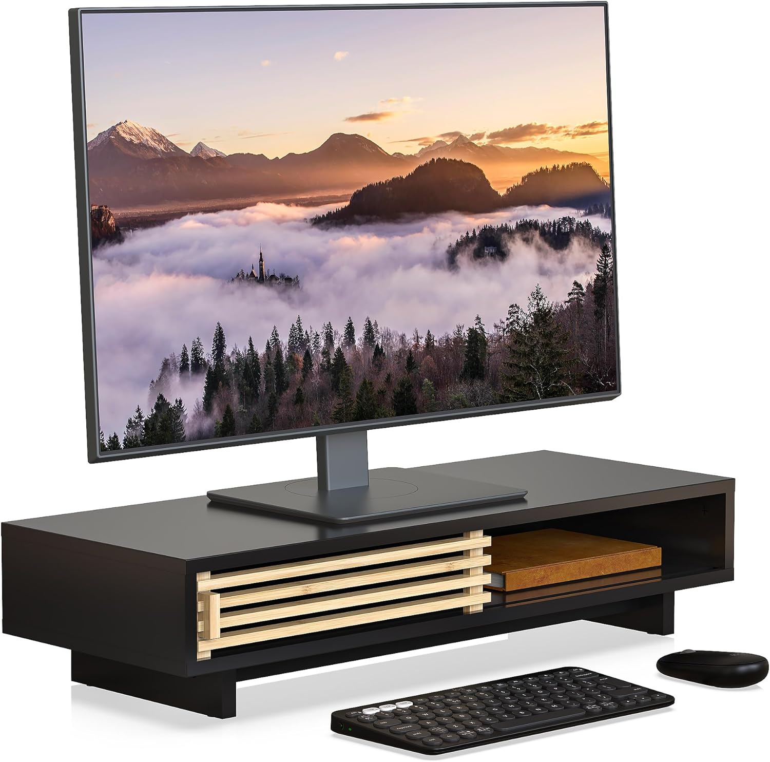 monitor stand riser with sliding door, computer laptop stand desk shelf organizer with storage (black + natural bamboo, 25 inch) black + natural bamboo 25 inch