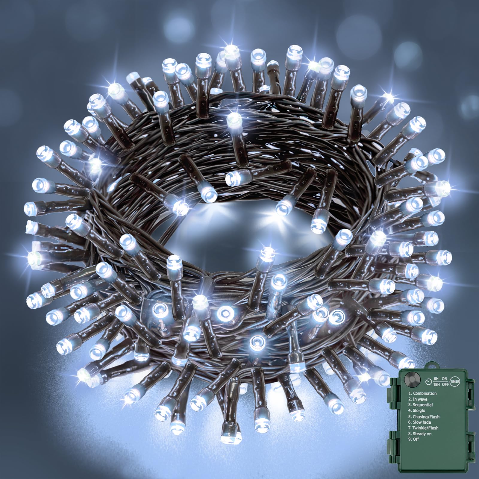 Qimutify Battery Operated Fairy Lights, 10M 100 LED Cool White Lights with 6h Timer, IP65 Waterproof for Indoor Outdoor Christmas Decorations(Green Wire)