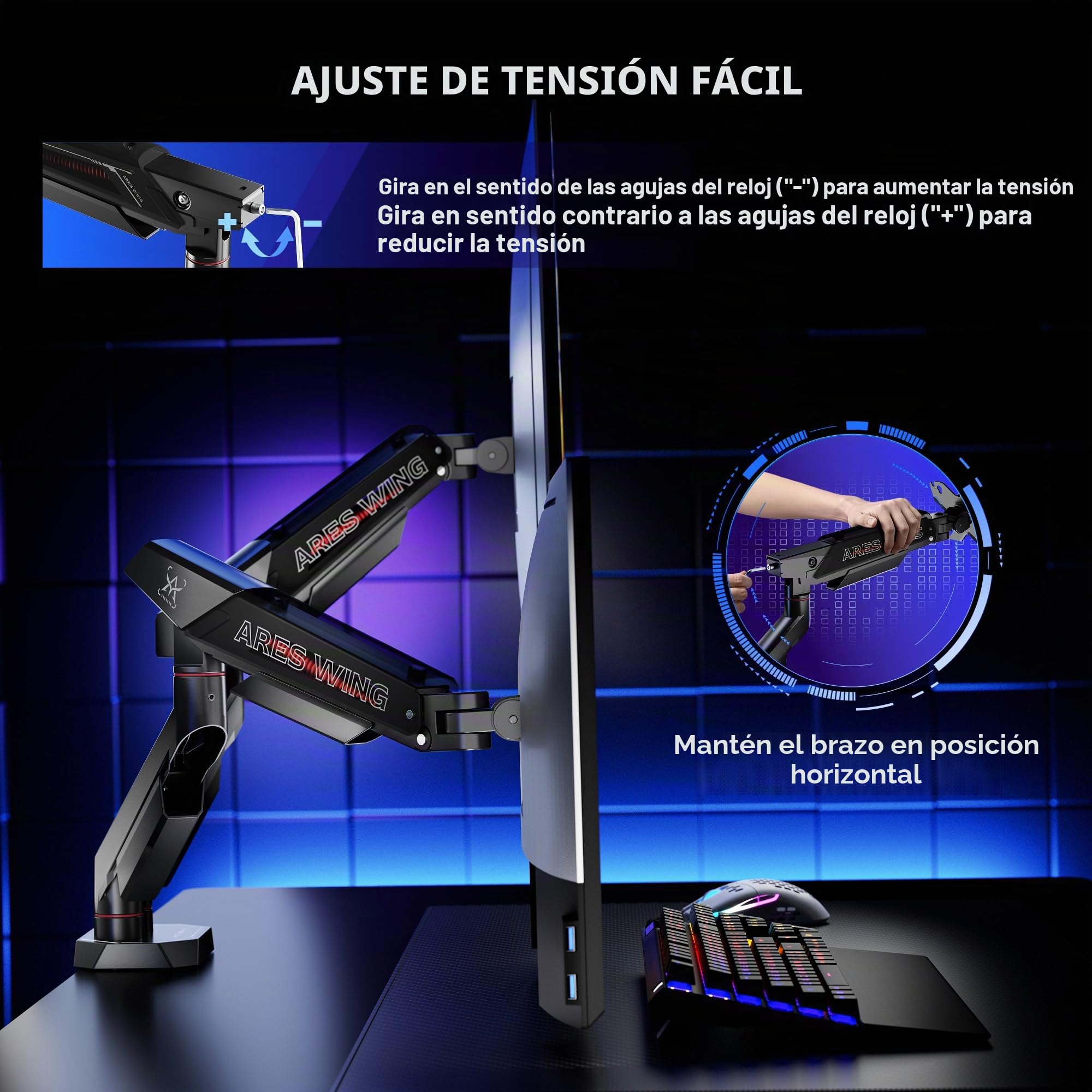 Ares Wing Soporte Monitor Doble 17-35", Brazo Ajustable 12 kg/Arm, Negro | Brazo monitor ergonómico con giro 360°, inclinación, altura ajustable, VESA 75/100mm y gestión de cables