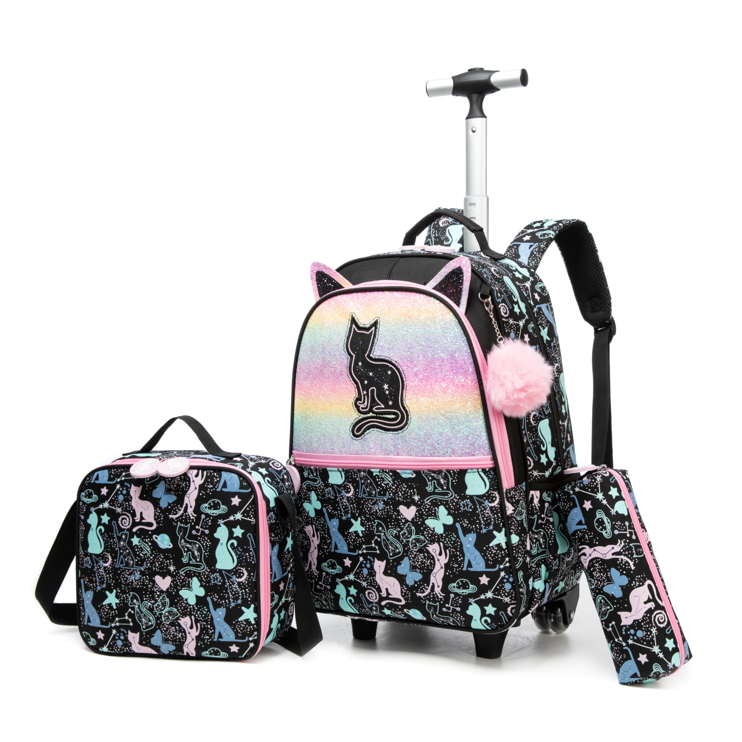 Meetbelify Cute Black Cat Rolling Backpack for Girls Backpacks with Wheels for Elementary Students Kids 3 in 1 Carry on Travel Luggage Suitcase with