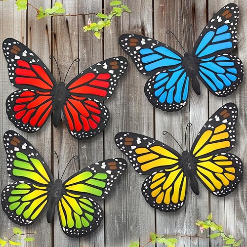 EOORAU Decoración de pared de mariposa de metal para exteriores, paquete de 4 mariposas de 9.8 pulgadas, escultura colgante para decoración del