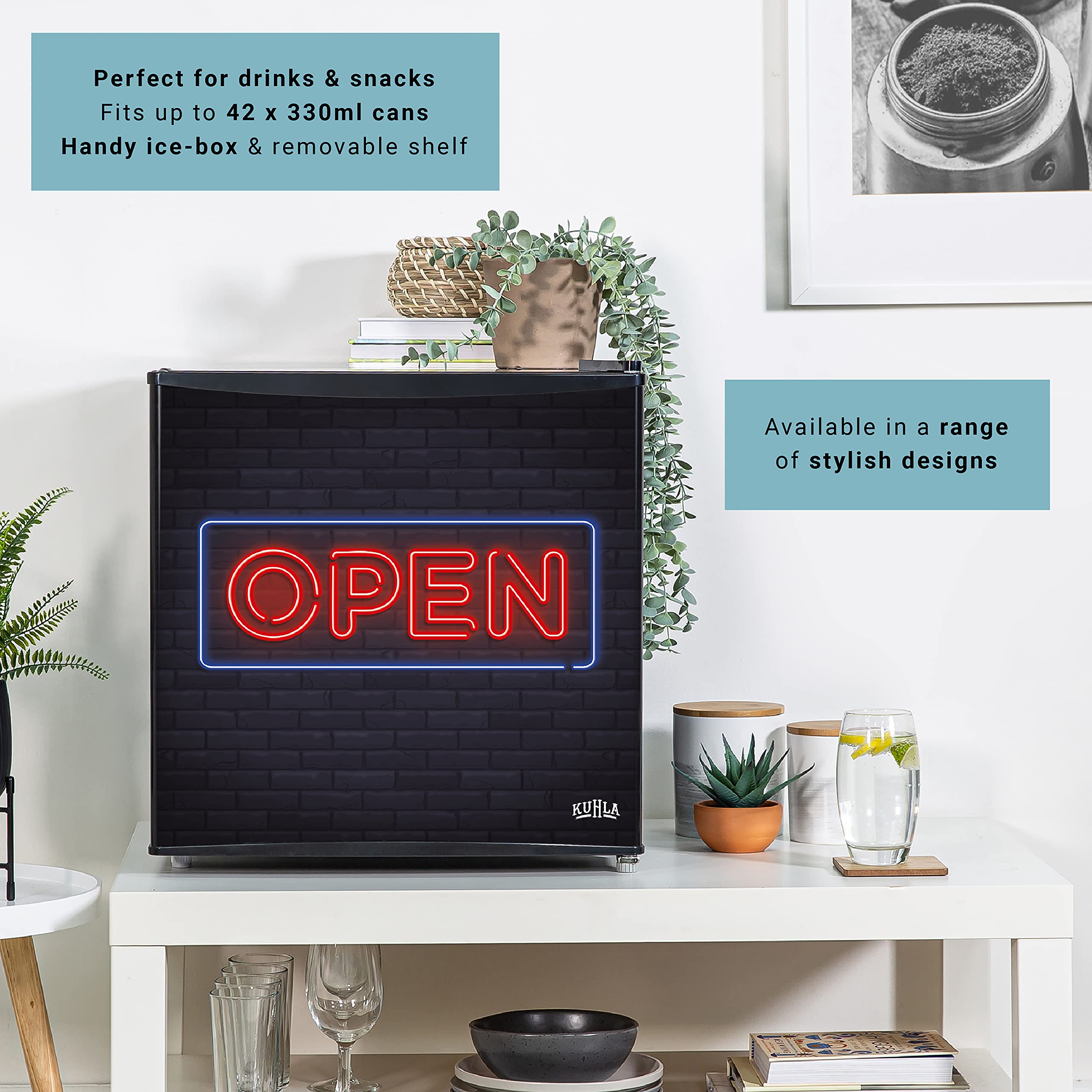 Kuhla 43 Litre Mini Fridge with Ice Box, Inc Adjustable Thermostat, Door Racks and Removable Shelf, Small Drinks Fridge Ideal for Home and Office – Black, KTTF4BGB — view 2