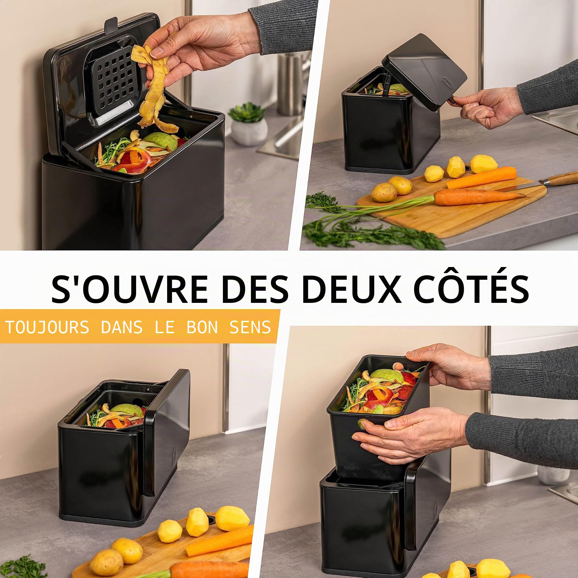 eluno Poubelle Bio 3 l avec Filtre Anti-odeurs, à Suspendre, Poser ou Coller, Seau à Compost, 3 Modes de Montage (Noir)