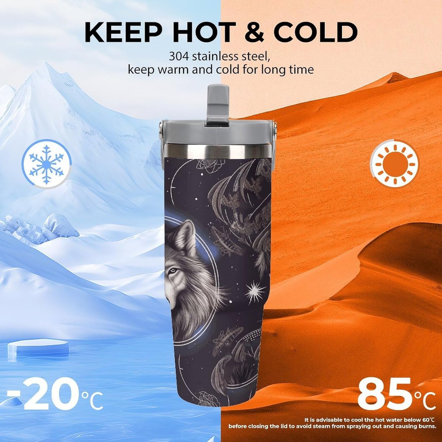 Wolves And Dream Catchers Water Bottle 30 Oz Fits Car Cup Holder,Insulated Coffee Mug Large Capacity Car Cups,Stainless Steel Double Wall Sport Bottle for Travel Sports Gym