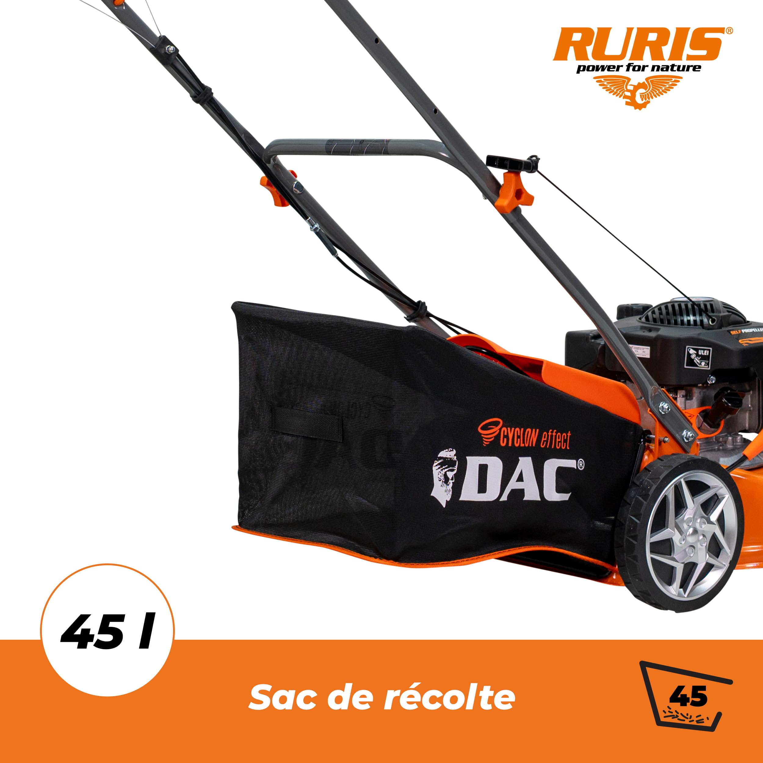 RURIS DAC 110XLS Termiczna kosiarka spalinowa, silnik 3,3 KM, 131 cm³, szerokość cięcia 400 mm, regulowana wysokość 25-65 mm, kosz 45 l, wyrzut tylny, metalowa rama