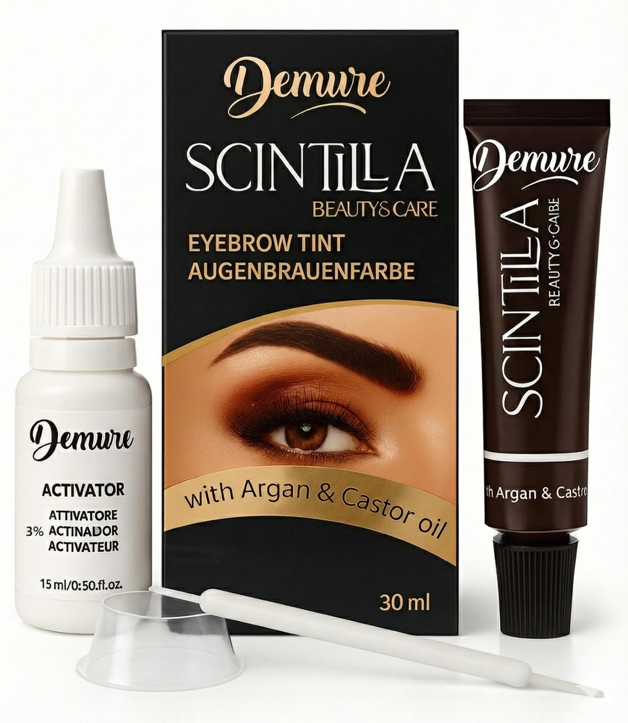 Demure Eyebrow Dye Kit, Professional Formula Brow Tint - contains Argan Oil & Castor Oil (Omega 6, Carotene, Vitamins А, Е, F), Fast and Safe Results (1.0 Black)
