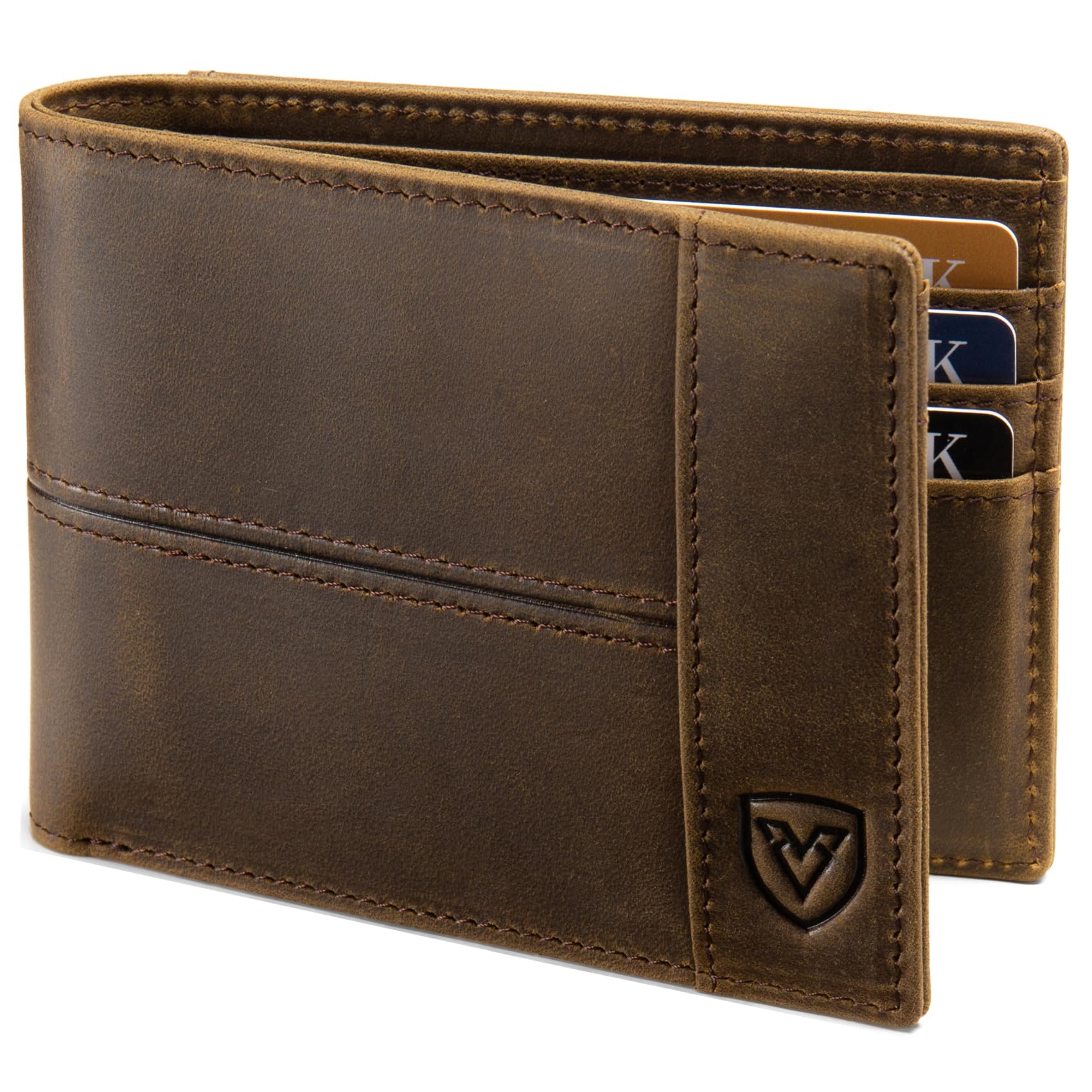 VEESKYEE Men's Wallet Full Grain Leather Slim Bifold Wallets | RFID Blocking with Gift Box Crazy Horse Brown
