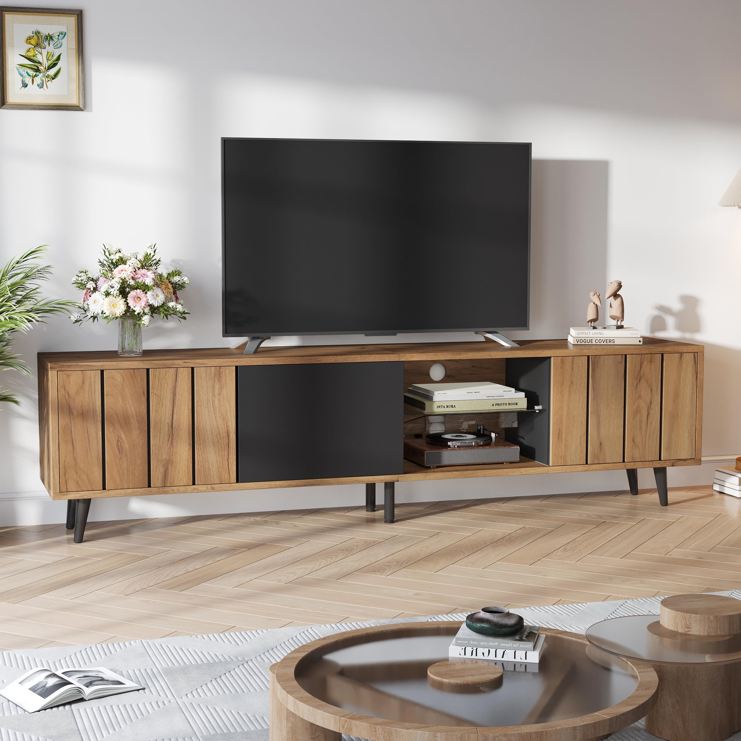 175 x 31,5 x 45 cm szafka pod telewizor do salonu, szafka TV z 3 szafkami, prosta szafka do salonu z oryginalnym kolorem drewna + czarny splot, pasuje do telewizorów o przekątnej ekranu 75"