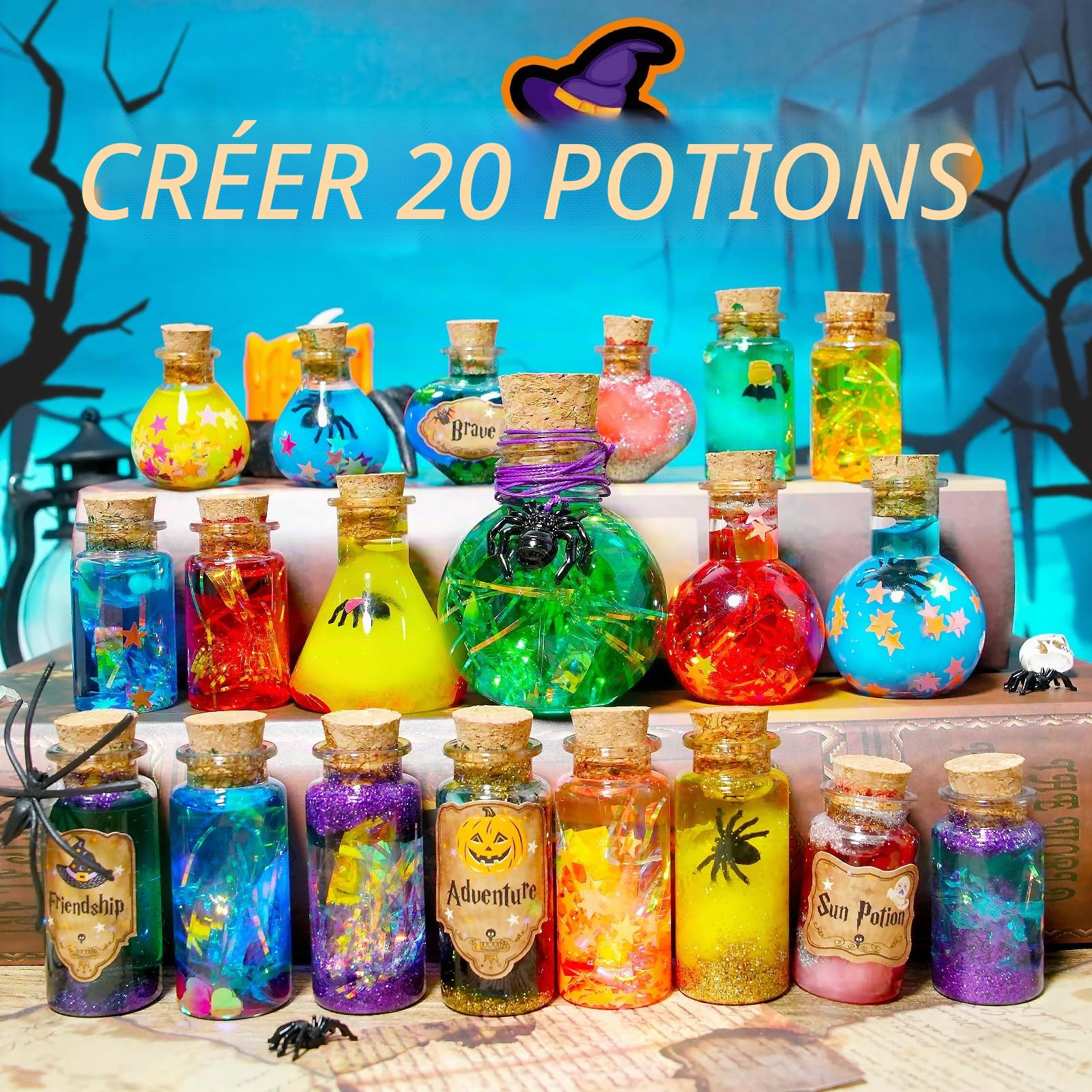 LDomet Kit de fabrication de potions magiques pour enfants - mélange de 20 bouteilles de potions de sorcière lumineuses - décorations de Noël, cadeaux d'anniversaire pour les garçons de 6 7 8 9 10+