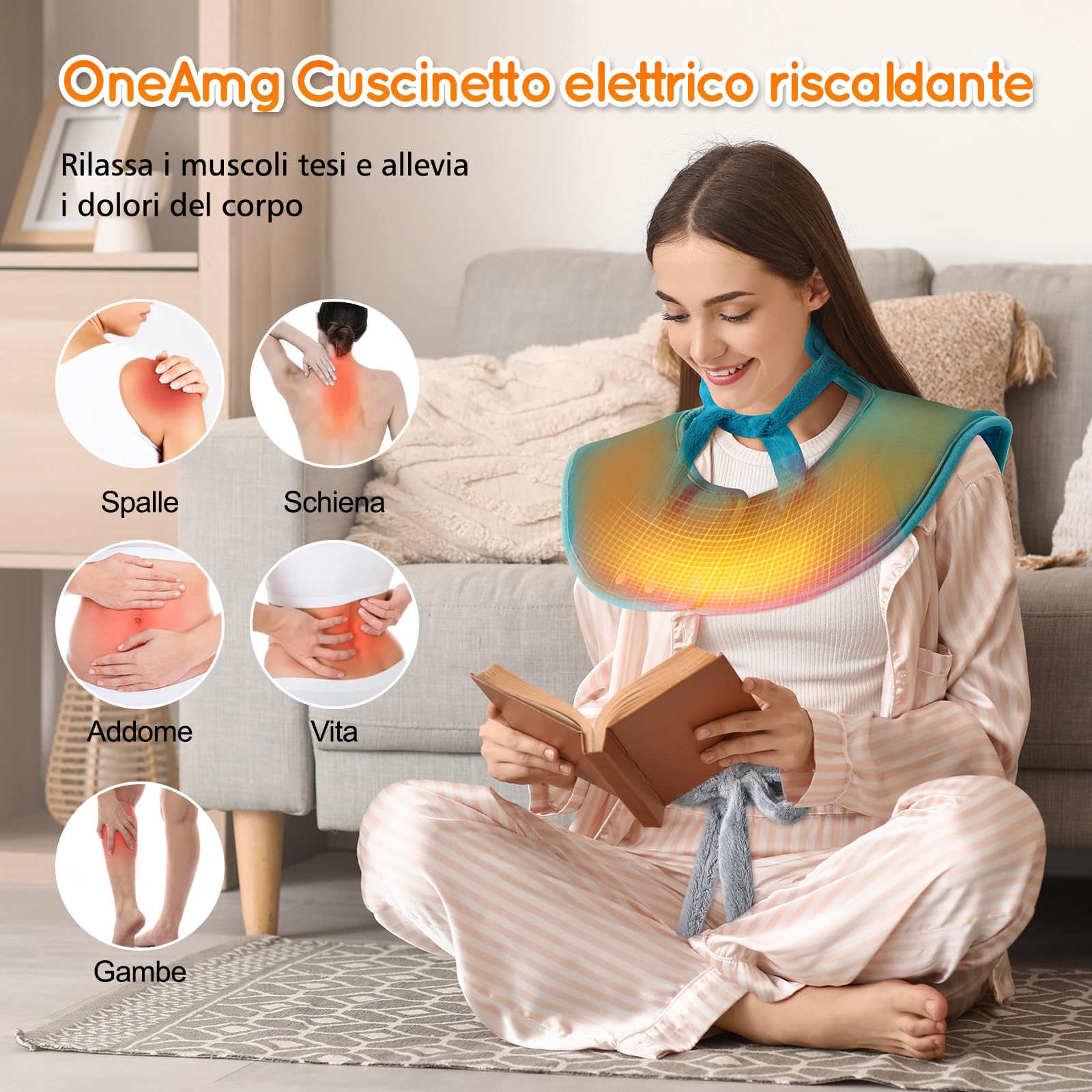 Termoforo Elettrico Cervicalee Spalle, Schiena,Cuscino Elettrico Riscaldante 61x94cm Con timer di 4 ore e 6 Livelli di Riscaldamento Spegnimento Automatico,Lavabile Termoforo Lombare Ricaricabile Blu