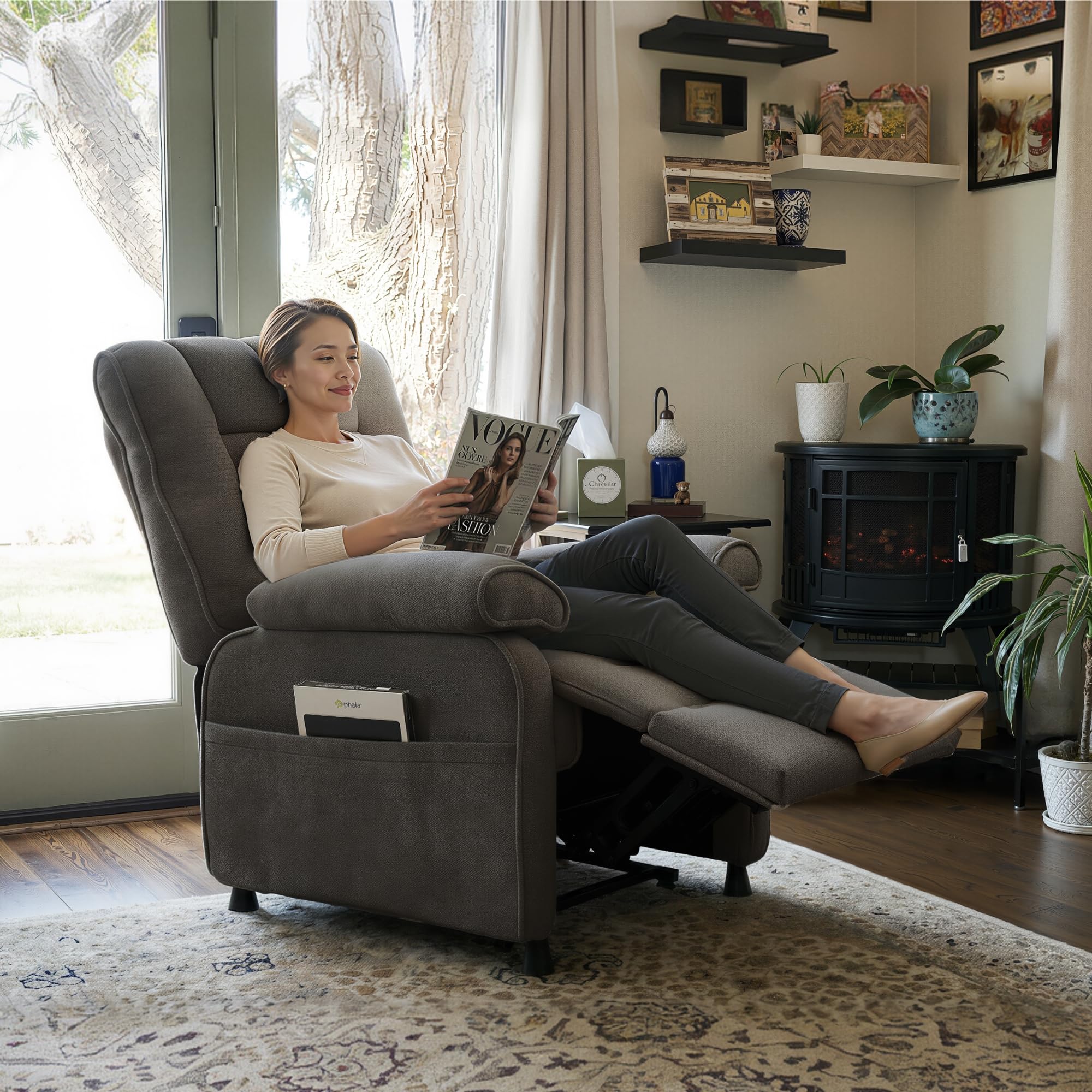 FLEXISPOT Elektryczny fotel relaksacyjny 95°–155° – 155°, uchwyt 150 kg, ergonomiczny fotel telewizyjny z podnóżkiem, regulowane oparcie, gruba wyściółka, kieszeń boczna, ciemnoszary