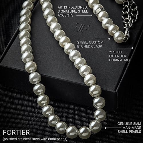 Miniatura 5 de Forge & Foundry Men's Shell Pearl (Man-Made) Necklace with Polished Stainless Steel or 18k Gold-Plated Stainless Steel Artist-Designed Custom Beads