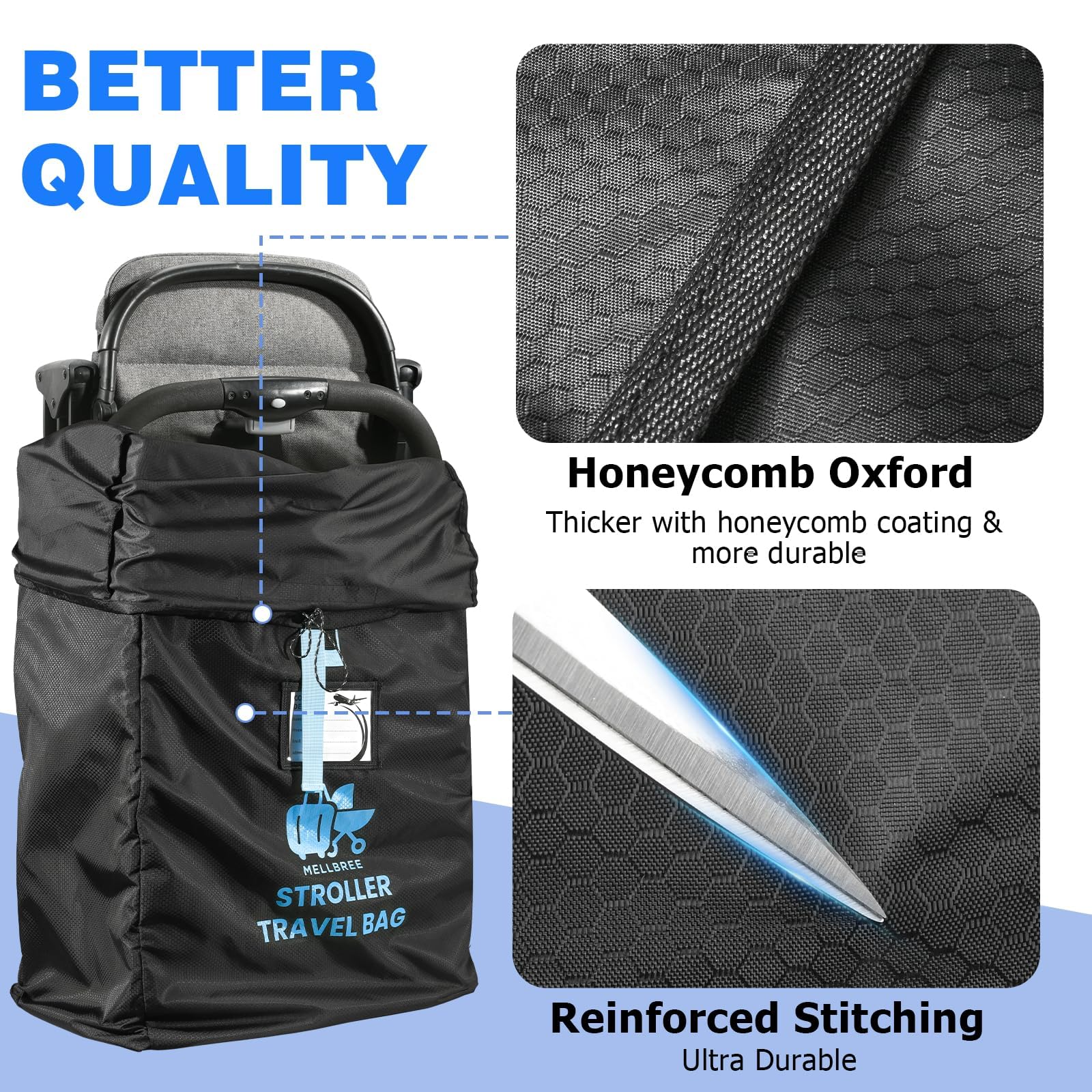 Mellbree - Bolsa de viaje para cochecito de avión tamaño XL, bolsa de viaje doble para cheques de puerta, impermeable y resistente al desgarro, tela Oxford, se adapta a la mayoría de tamaños, esencial — view 4