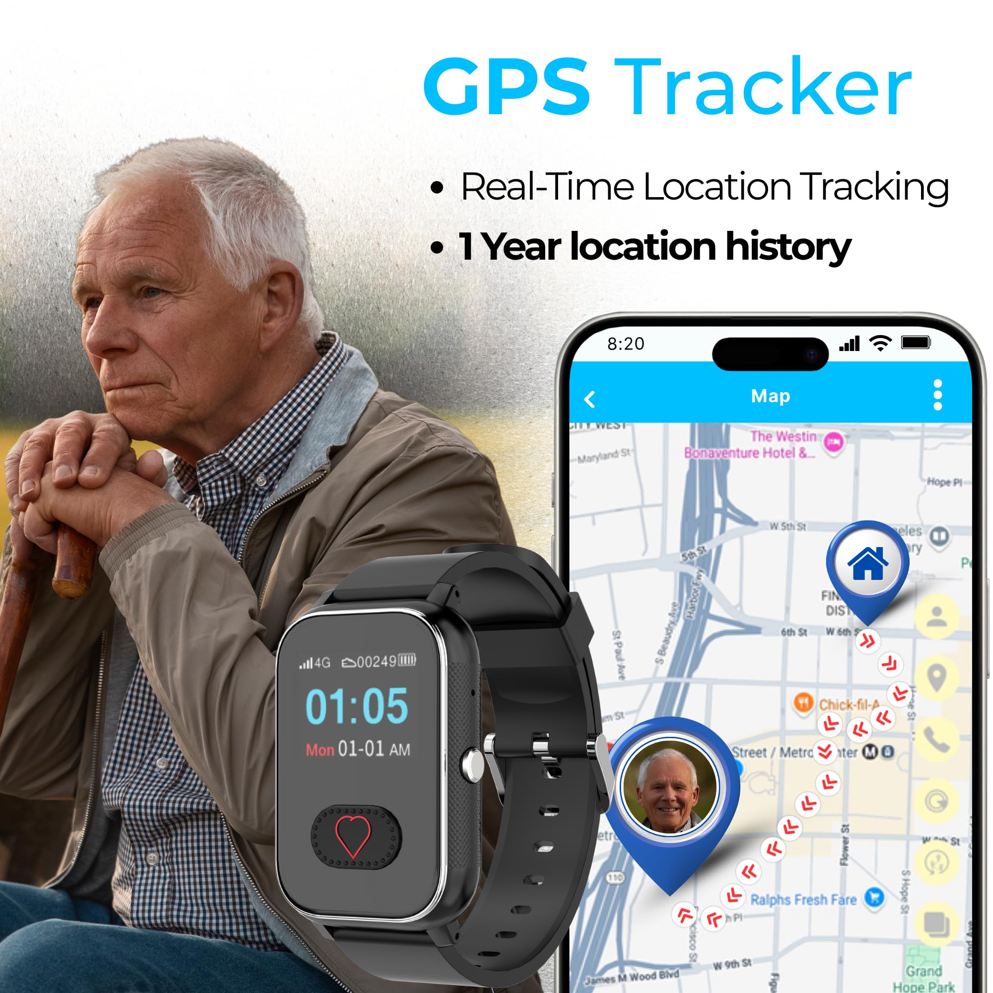 Seculife Cellular Medical Alert Smartwatch für Senioren mit Sturzerkennung, GPS-Tracking, SOS-Taste, Herzfrequenz- und Blutdruckmessgerät, Schrittzähler, 2-Wege-Anruf, medizinische Erinnerungen, IP67