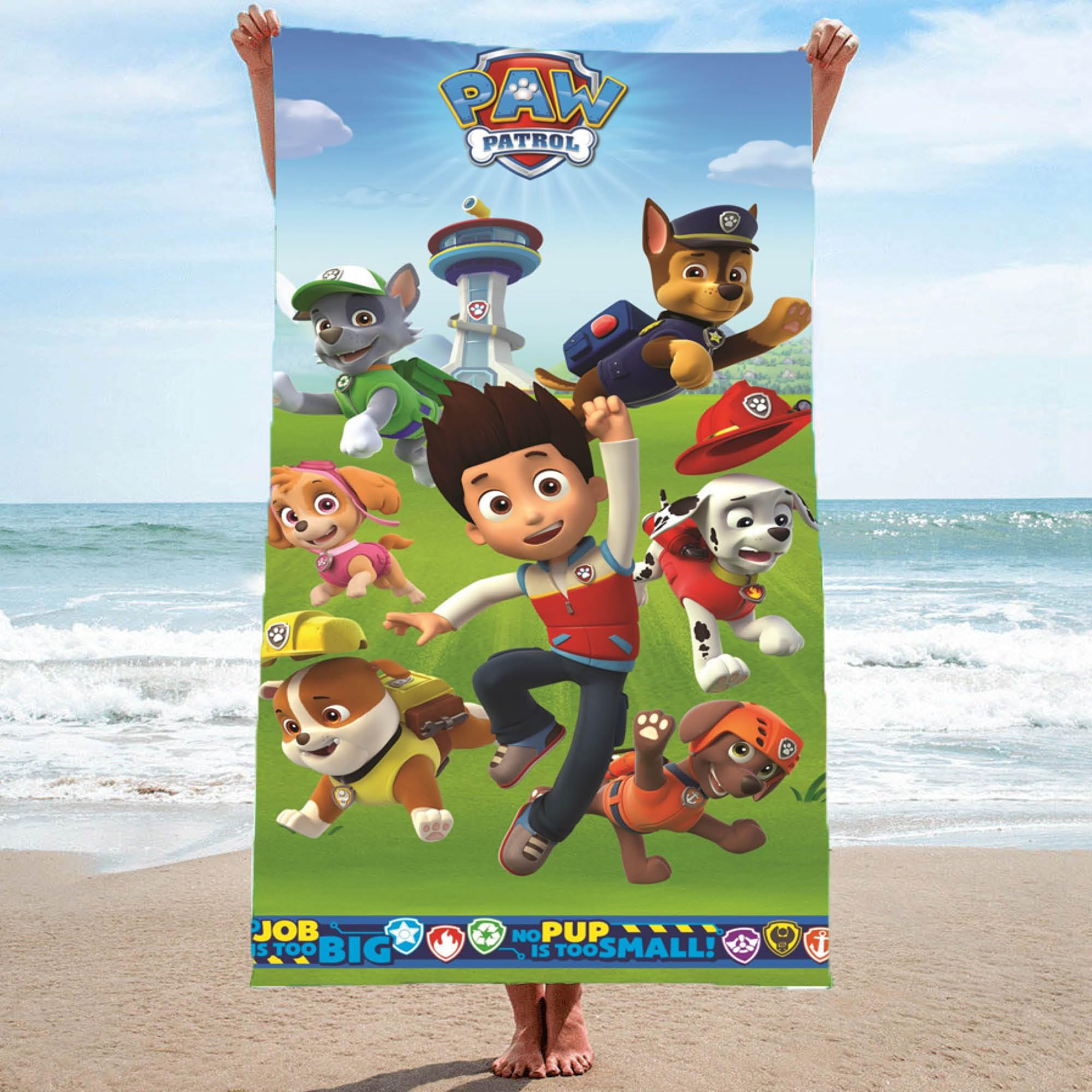 Familando – Paw Patrol Strandtuch Kinder 75x150 cm – Badetuch & Duschtuch aus 100% Baumwolle – mit Ryder, Marshall, Skye & Pups – Öko-TEX Zertifiziert