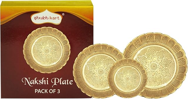 Shubhkart Nakshi Plate for Puja, Decoration and Return Gift (Combo of Small Medium and Large, Solid Brass)