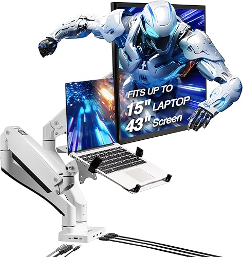 AVLT Soporte de escritorio con brazo de monitor dual de 17"-43" con bandeja para laptop de 15" y estación de acoplamiento USB-C, HDMI 4K60Hz, USB-A