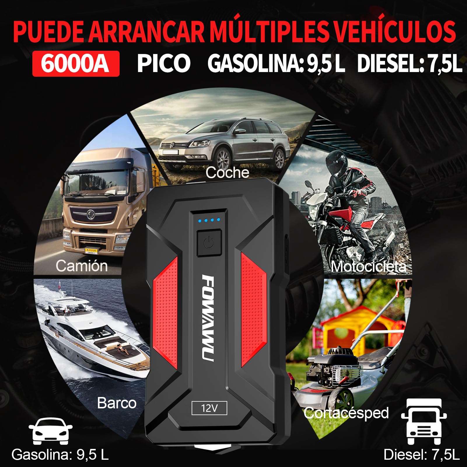 FOWAWU Arrancador de Coches 6000A 22800mAh Arrancador de Baterias de Coche Portátil para Motor 9,5L Gasolina o 7,5L Diesel con luz LED y 2 Puertos USB de Carga rápida
