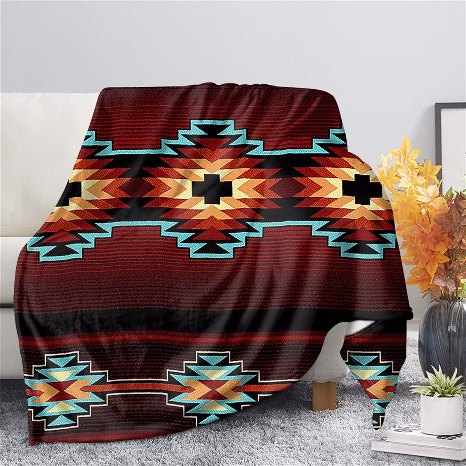 JOAIFO Southwestern Style Print Soft Flannel Throw Blanket,Native American Navajo Red Tribal Pattern Cozy Blanket All Seasons Bed Bedspread