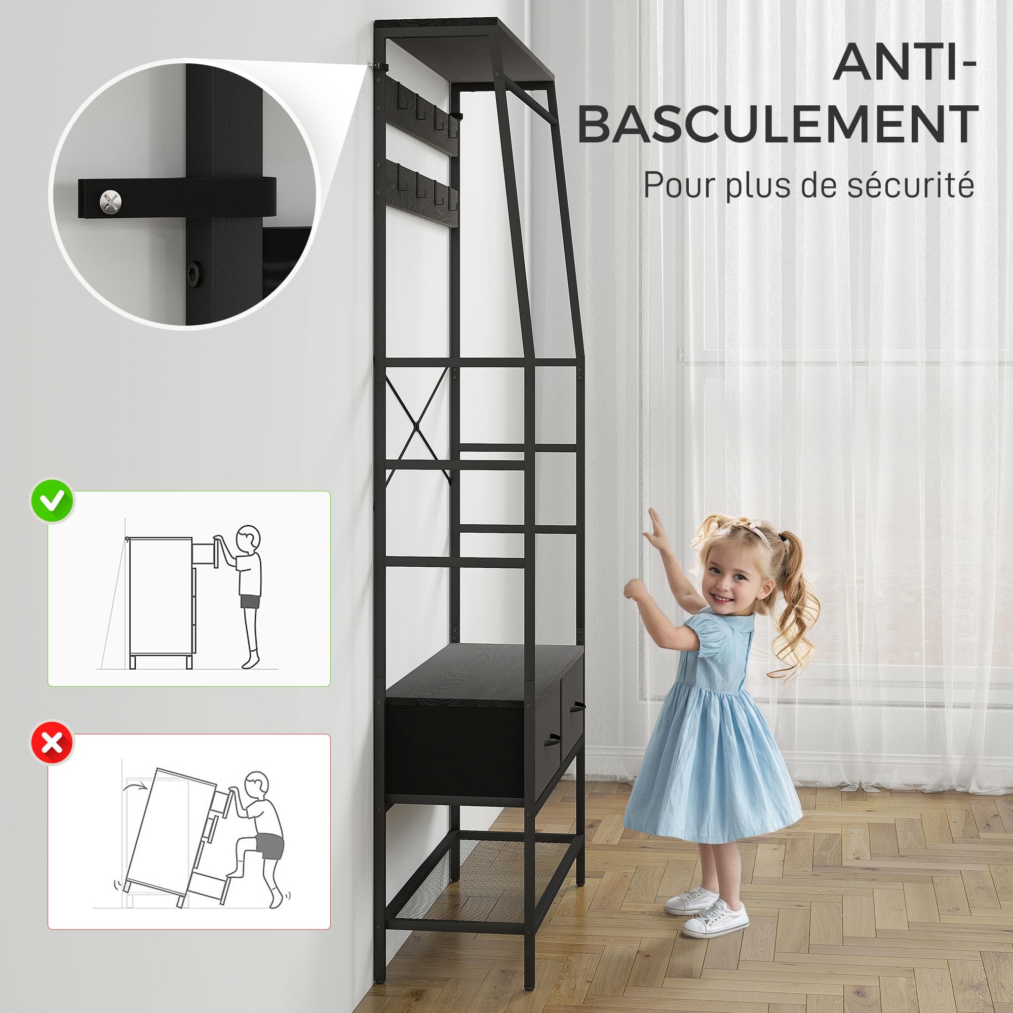 HOMCOM Porte-manteau Vestiaire 2 Tiroirs en Tissu 80 x 30 x 180,5 cm Noir